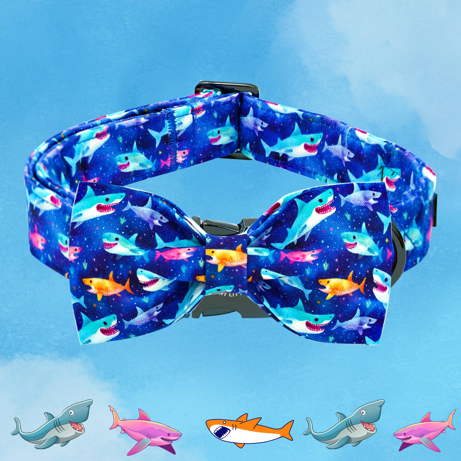 Elegant Little Tail Dog Collar- Cute Shark Dog Collar With Bow For Large Dogs, Male Adjustable Cotton Summer Pet Holiday Puppy C