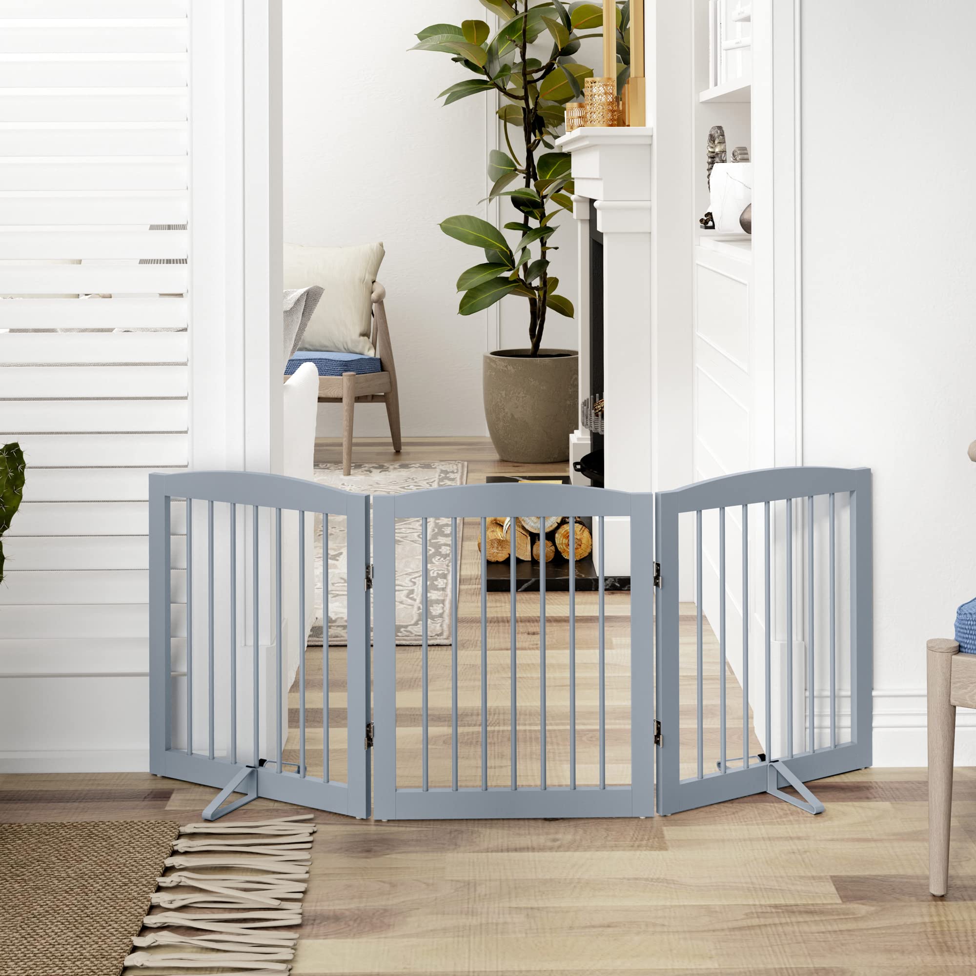 Pupetpo Freestanding Pet Gate For Dogs, Foldable Wooden Dog Gate For House, Indoor Dog Gate For Doorways, Stairs, Step Over Pet Puppy Safety Fence, Support Feet Included, 24' Height 3 Panels, Grey