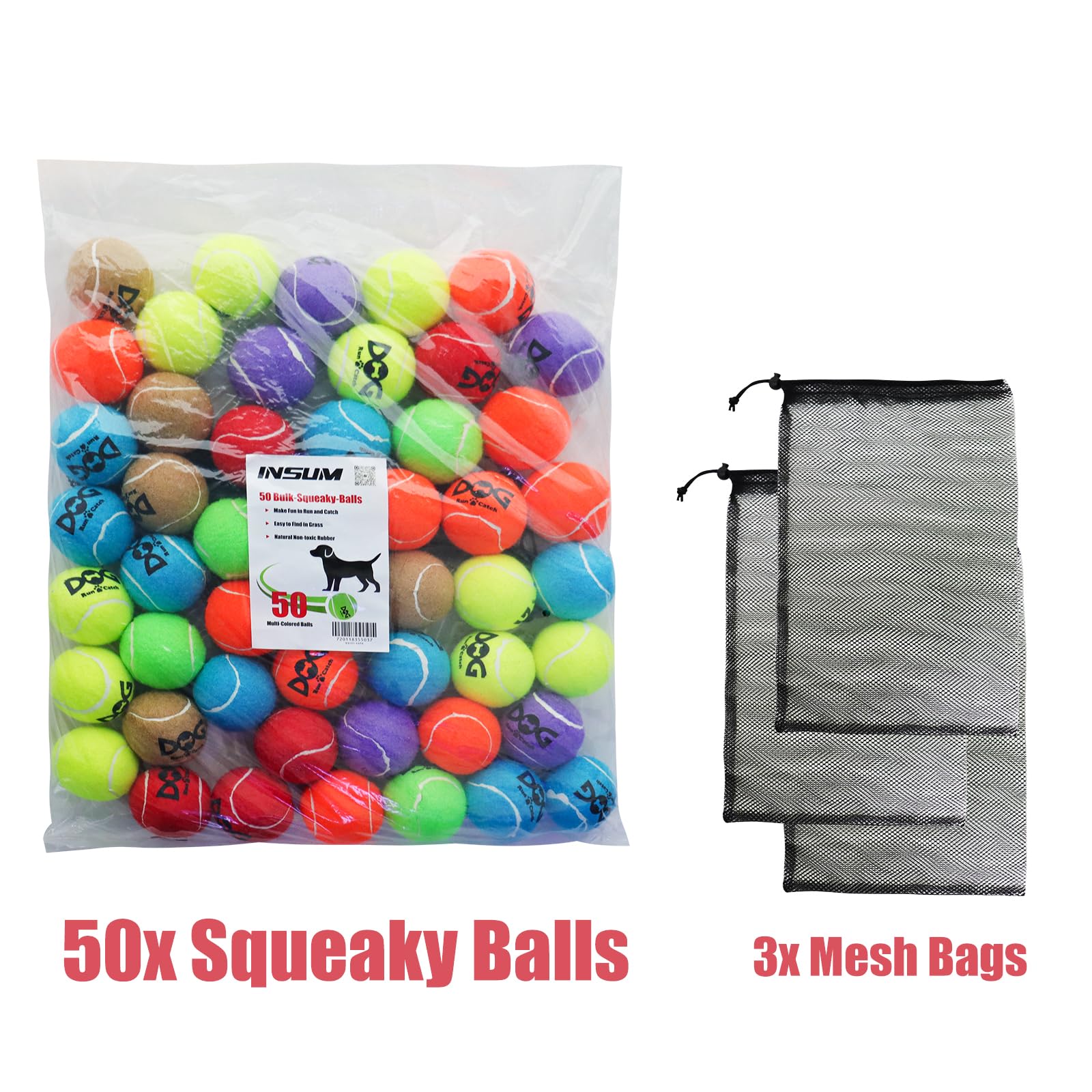 Insum Squeaky Tennis Balls For Dogs - Bulk 50 Pack 2.5'' Durable Non-Toxic Outdoor Dog Toys Balls With Mesh Bag, Sgs Certified,