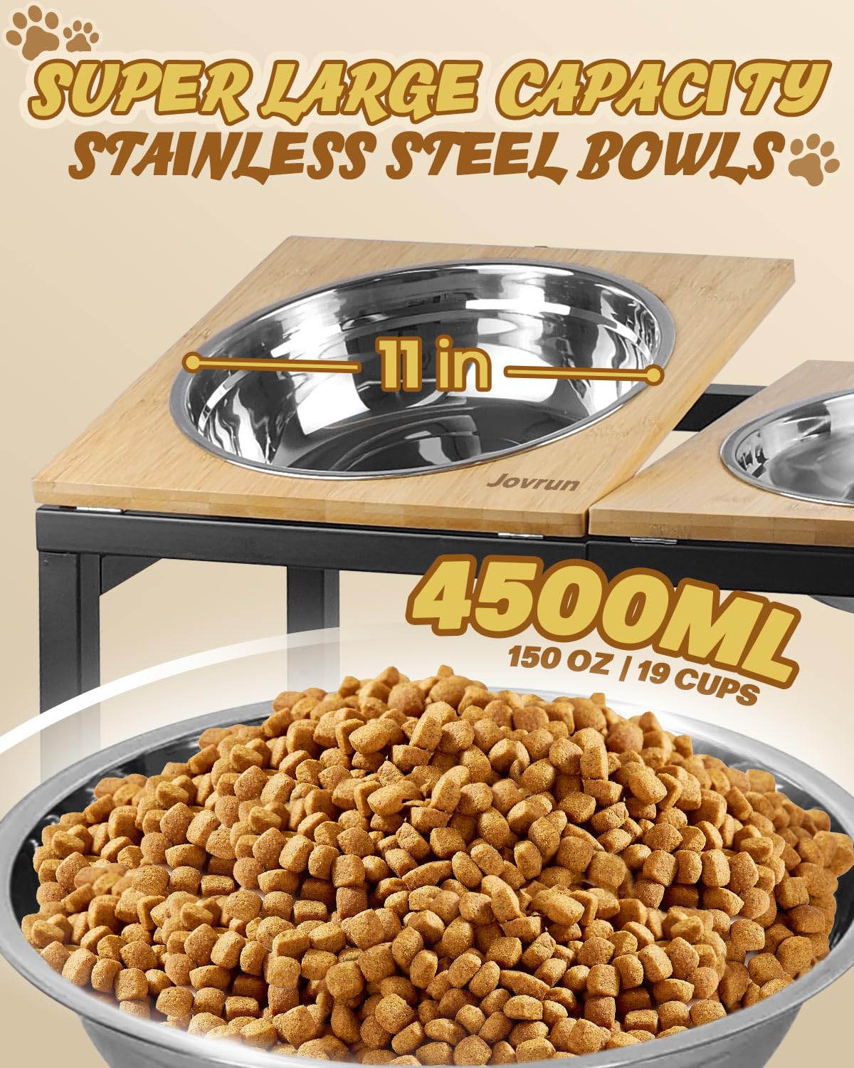 Jovrun Elevated Dog Bowls Large Breed, 15''-20.5'' H 4500Ml Raised Dog Bowls For Large Extra Large Dogs, Bamboo Bowl Elevated Wi