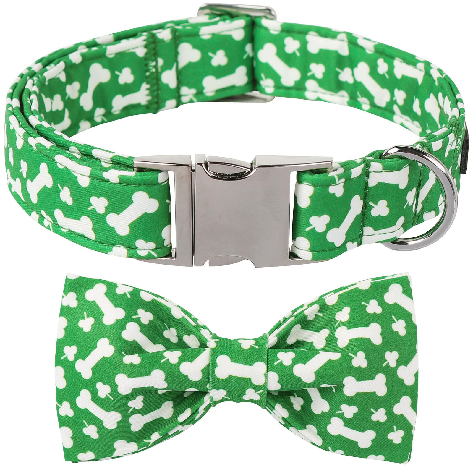 Lionet Paws St. Patrick Green Dog Collar, Bone Dog Collar For Medium Dogs, Adjustable Cotton Clover Pet Collars For Small Medium