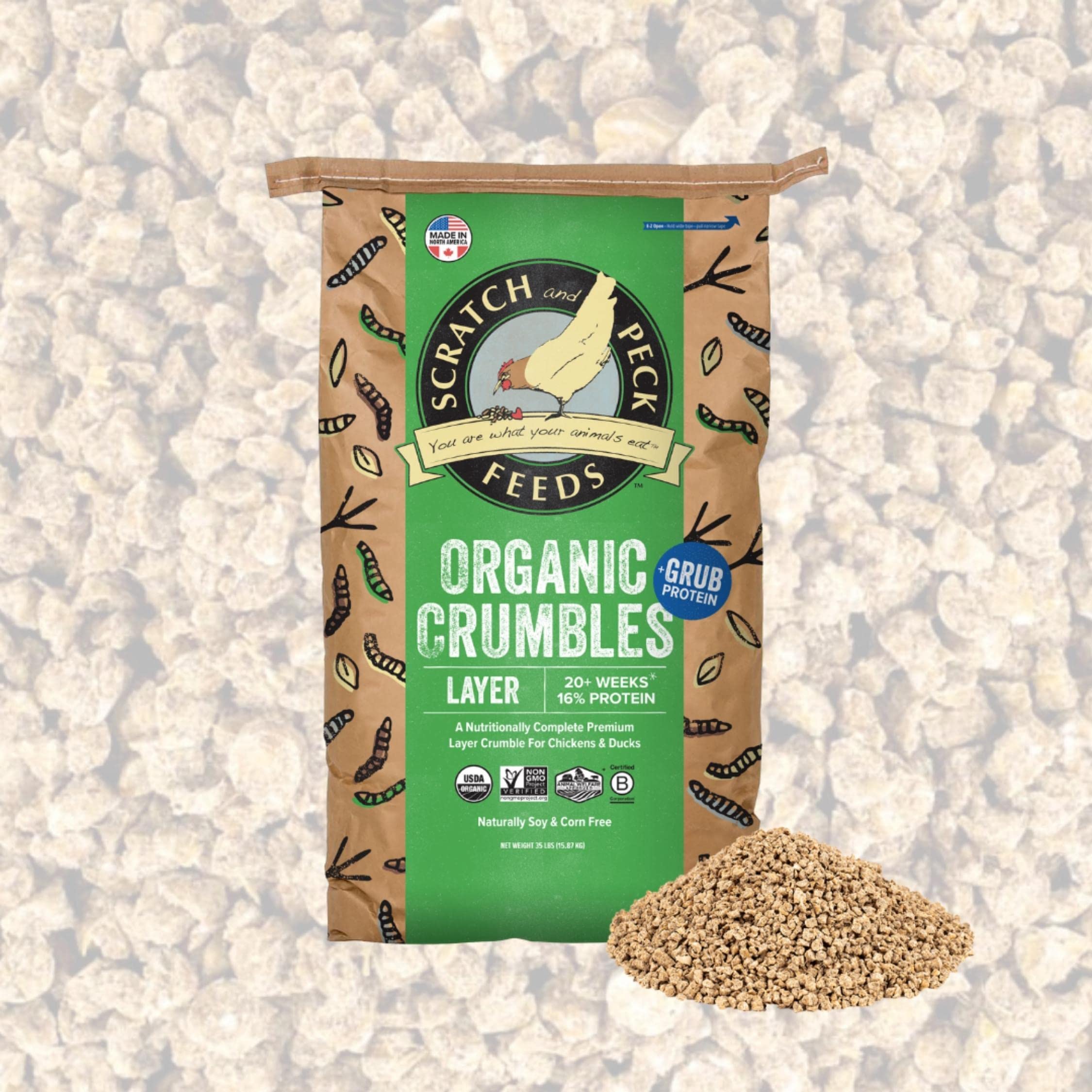 Scratch and Peck Feeds Whole Grain Layer Crumbles Chicken and Duck Feed - 25 lbs Bag - Corn-Free and Soy-Free - 16% Protein, Cer
