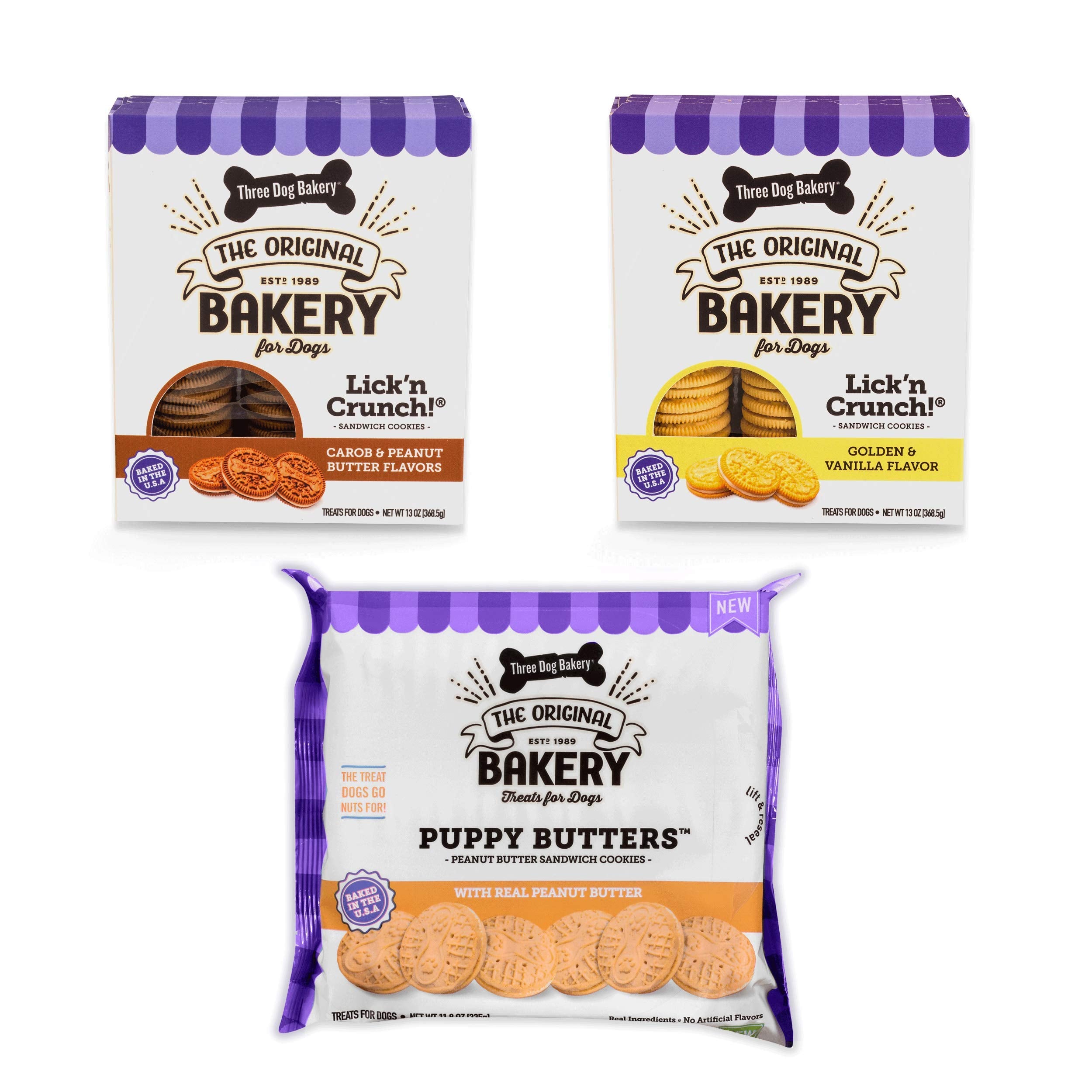 Three Dog Bakery Lickn Crunch! Sandwich Cookies Variety Pack Premium Treats for Dogs, Carob/Peanut Butter, Golden/Vanilla, & Pu
