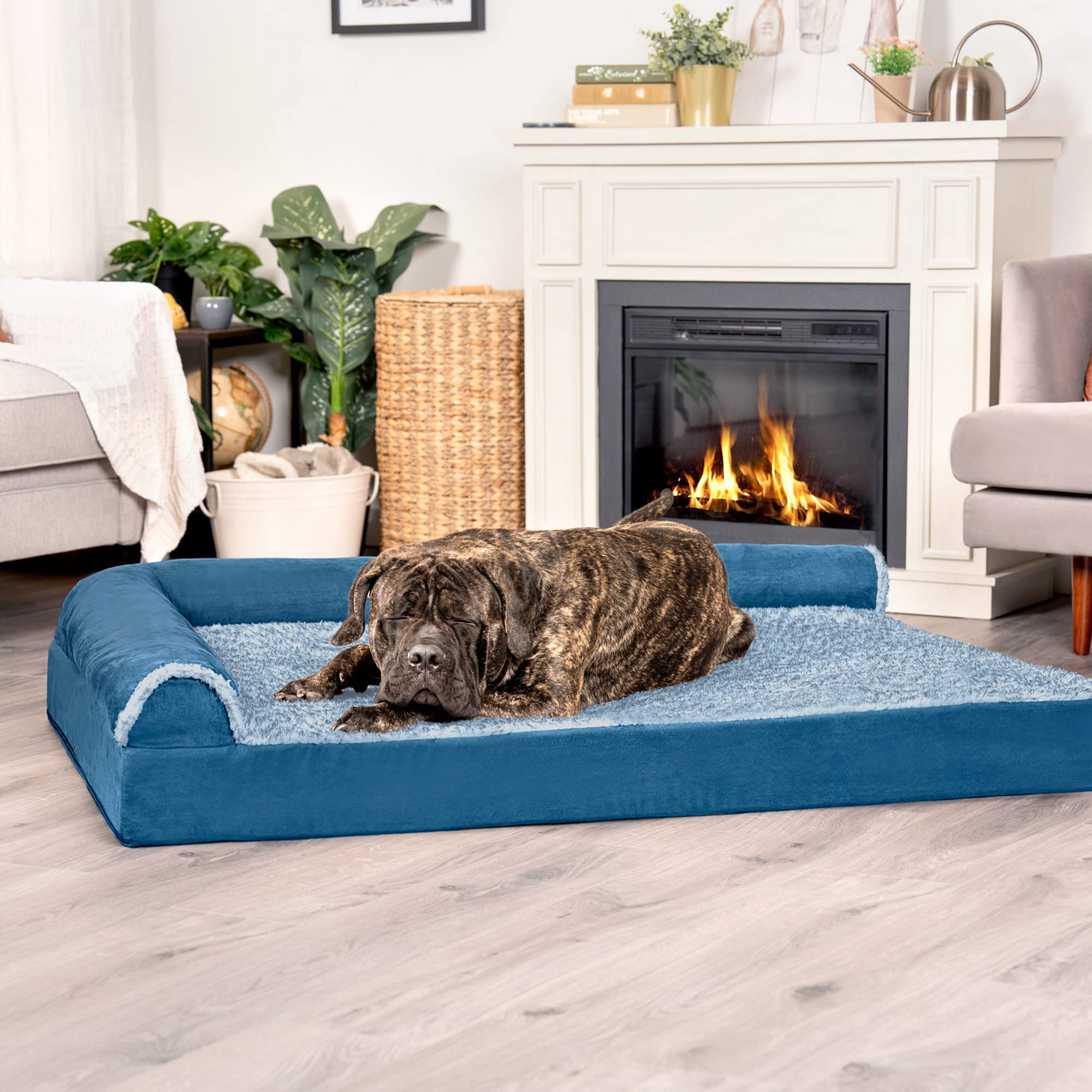 Furhaven Cooling Gel Dog Bed For Large Dogs W/ Removable Bolsters & Washable Cover, For Dogs Up To 125 Lbs - Two-Tone Plush Faux