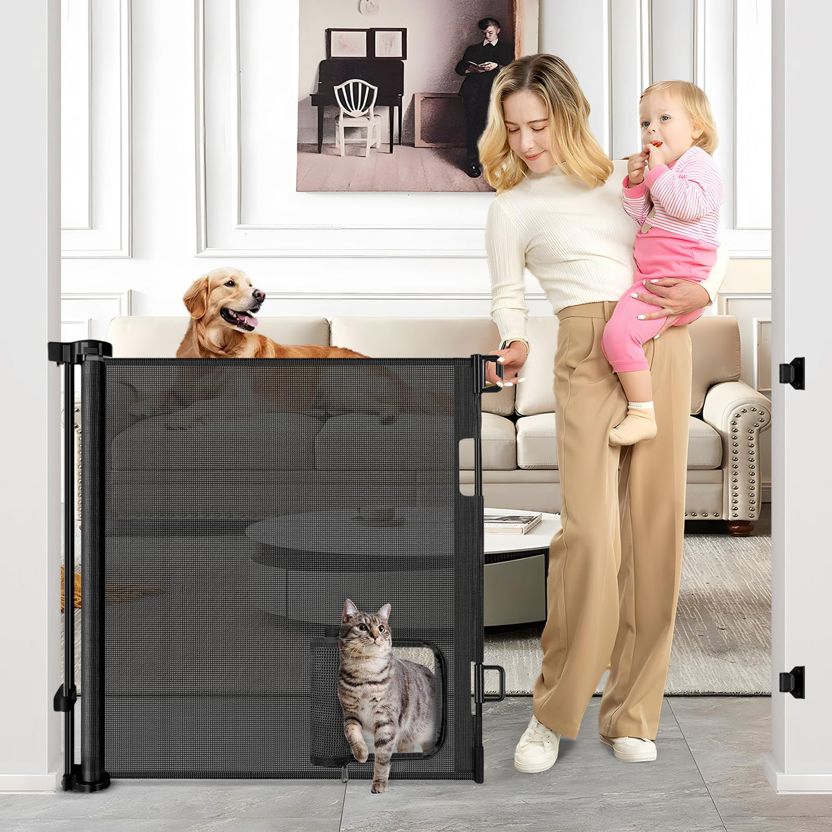 Retractable Baby Gates with Door 55'' Wide Retractable Dog Gate with Pet Door Outdoor Retractable Gate for Dogs Mesh Baby Gate R