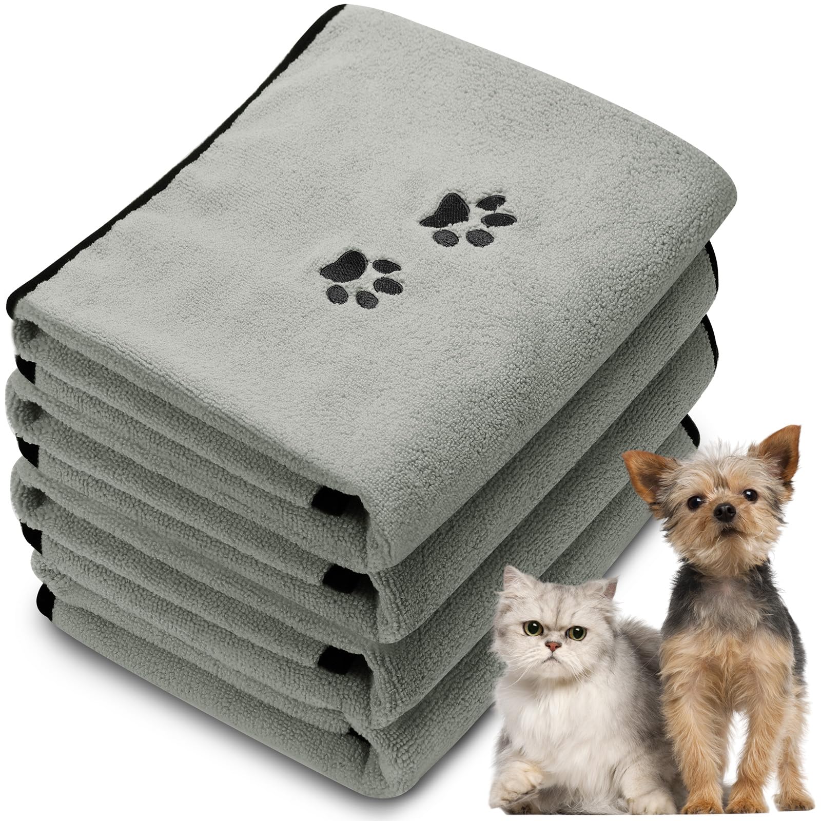 Tegeme 4 Pack Microfiber Dog Towels - Soft, Absorbent Pet Bath Towel for Dogs & Cats, Gray, 27.5 x 55 Inch, Embroidered Paw