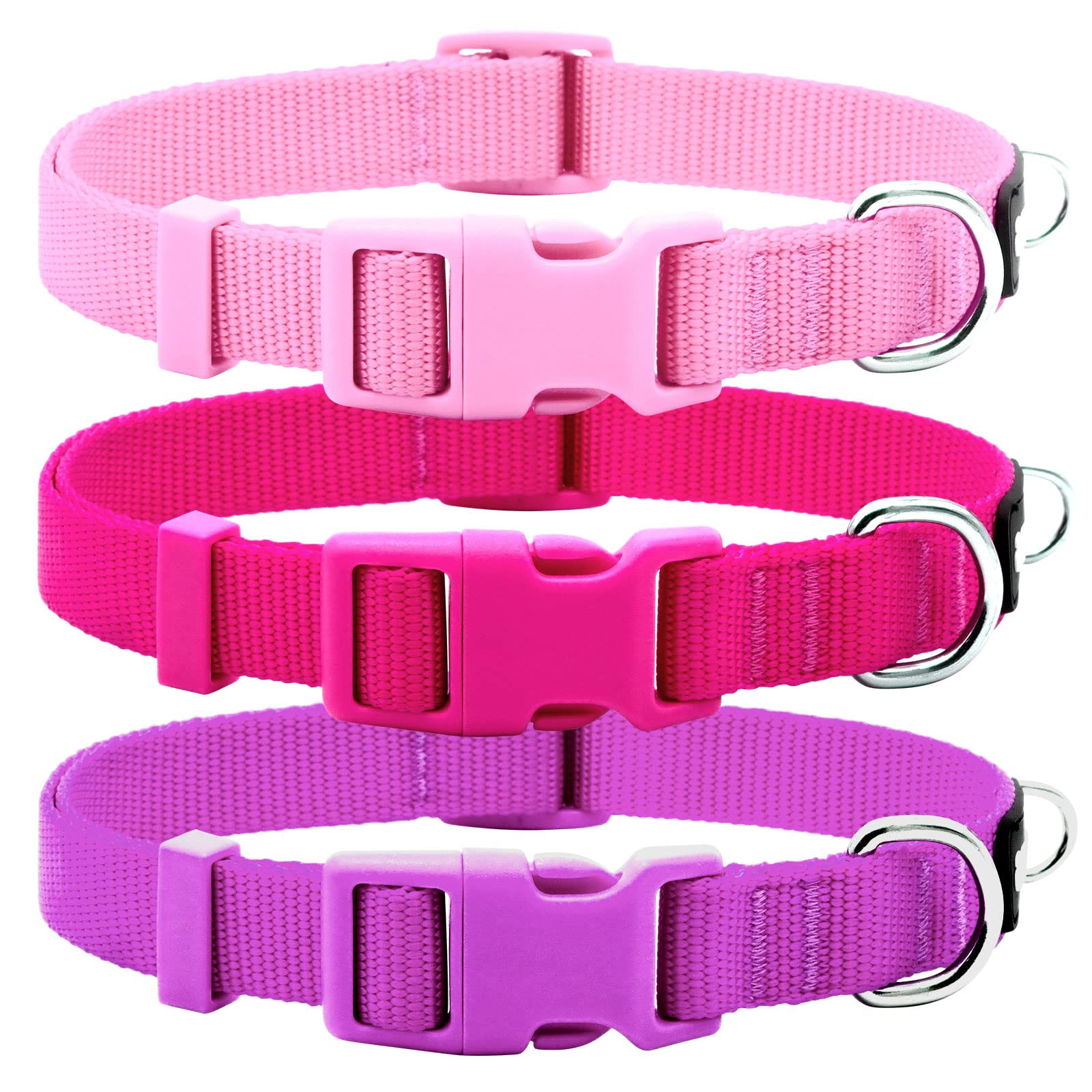 Azuza 3 Pack Dog Collars Comfortable And Adjustable Nylon Dog Collars For Medium Dogs, M (14-20Inch),Pink, Hot Pink And Purple