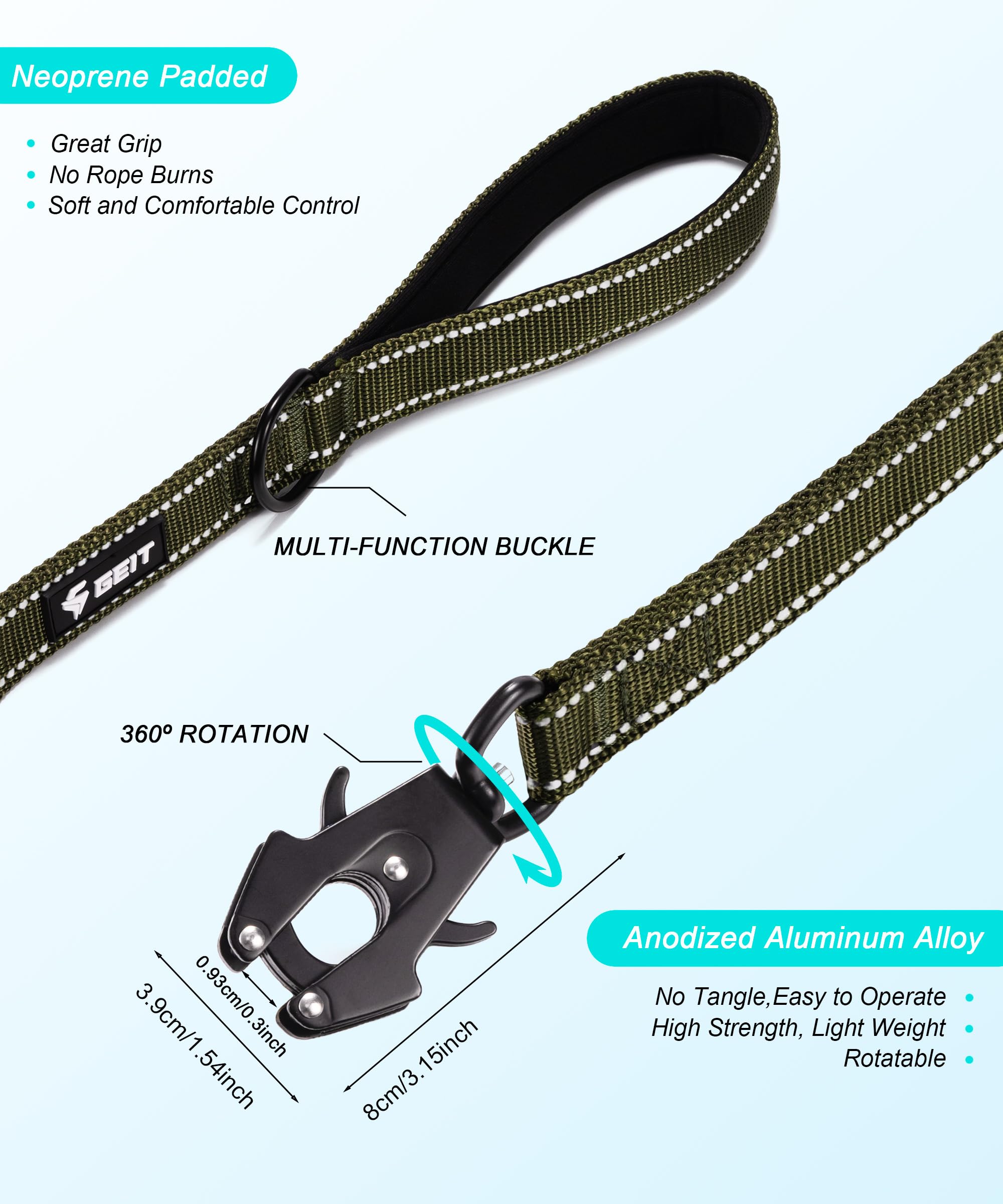 Geit 4/5/6Ft Heavy Duty Dog Leash, 2 Handles Reflective Rope Leashes, Walking Lead With Quick Release/Locking Tactical Frog Clip
