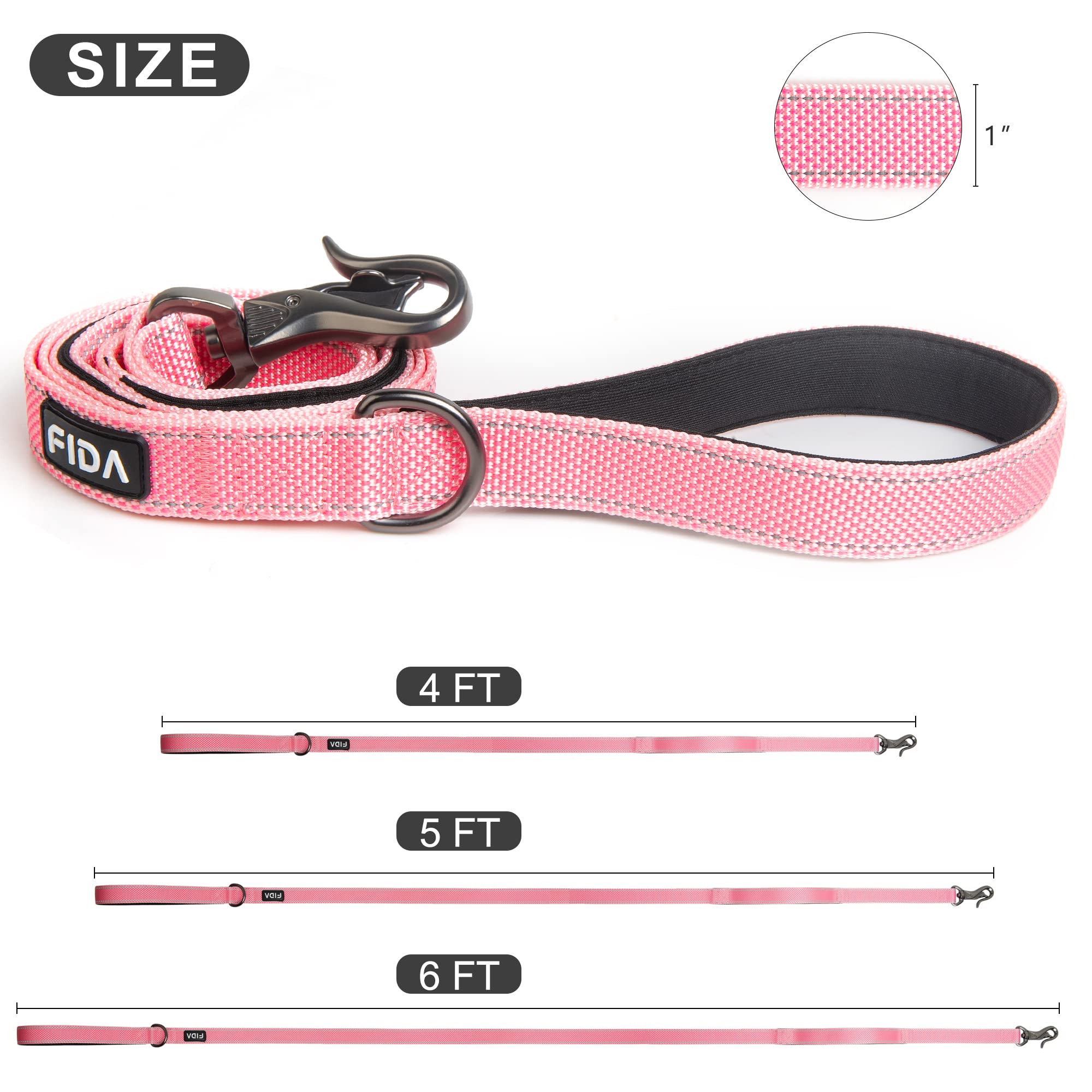 Fida 6 Ft Heavy Duty Dog Leash With 2 Comfortable Padded Handles, Traffic Handle & Advanced Easy Snap Hook, Reflective Walking Lead For Large, Medium & Small Breed, Pink