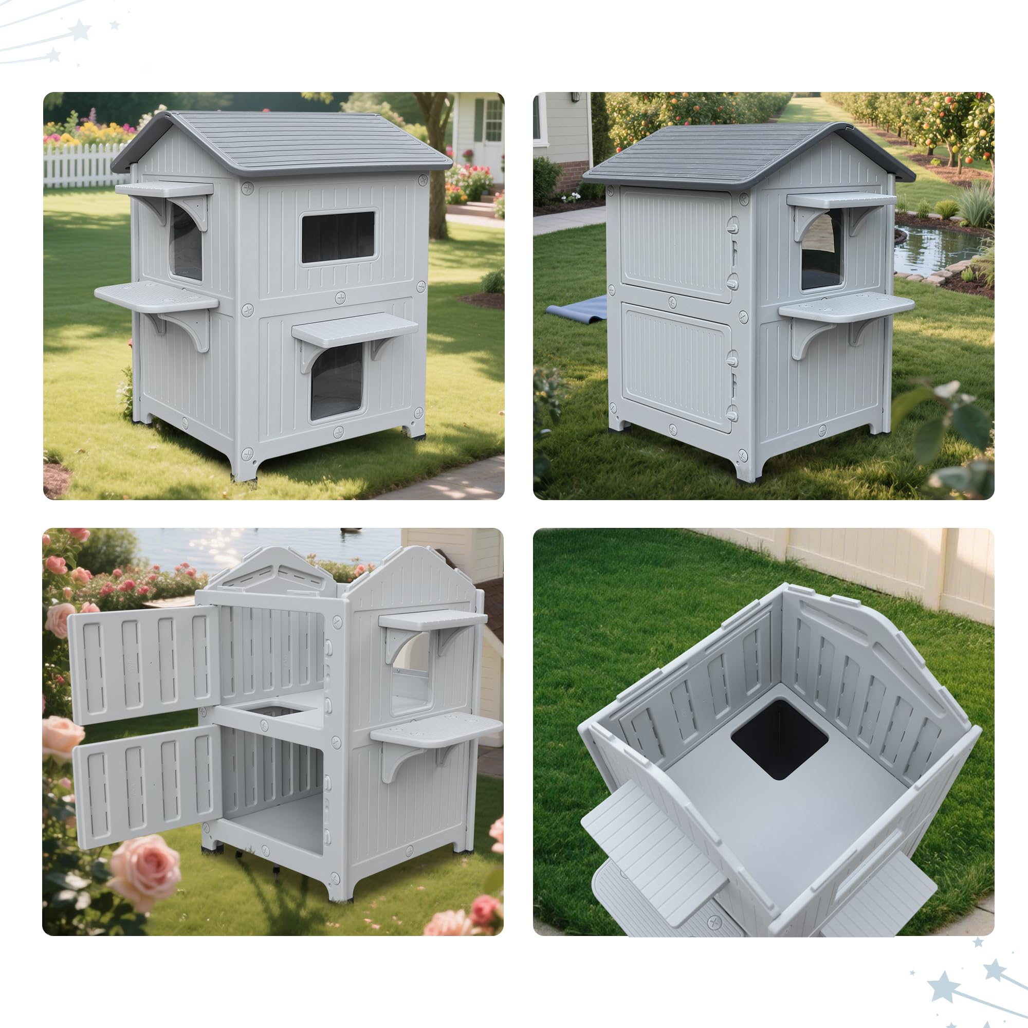 Plastic Outdoor Cat House with Mat Weatherproof for Feral Multi Cat, 2 Story Insulated Elevated Cat Shelter with Escape Door, Ea