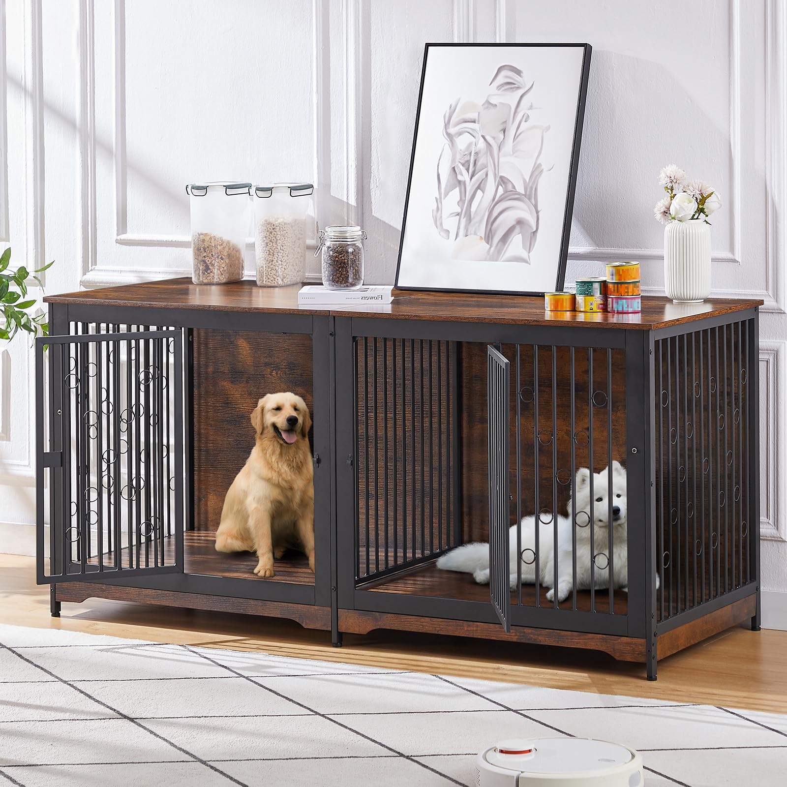 Lyromix 71 Dog Crate Furniture for 2 Large Medium Dogs, XXL Wooden Indoor Double Crate Kennel Cage Large Breed with Door, TV S
