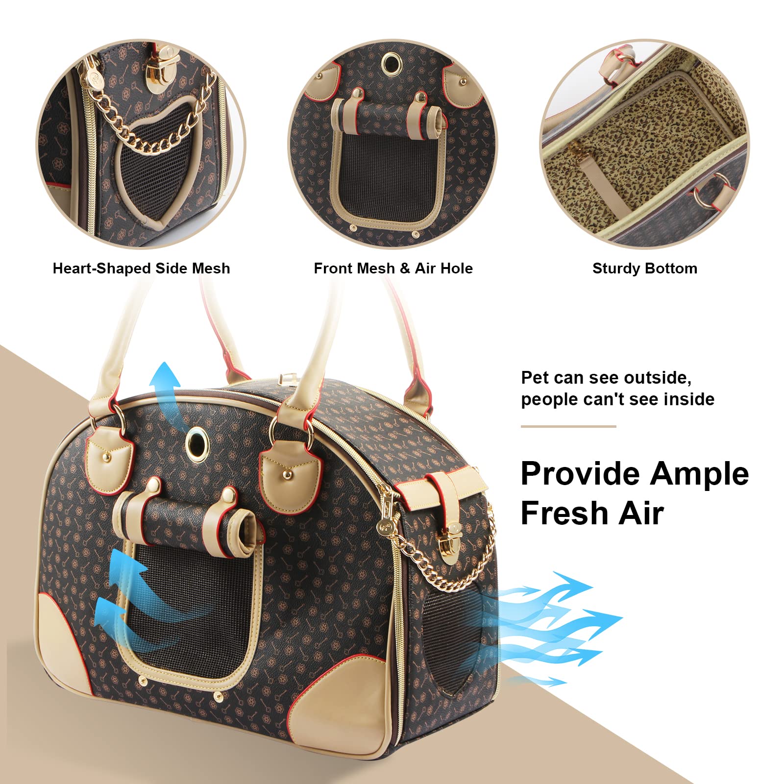 Betop House Fashion Dog Carrier Pu Leather Dog Handbag Dog Purse Cat Tote Bag Pet Cat Dog Hiking Bag, Brown, Large