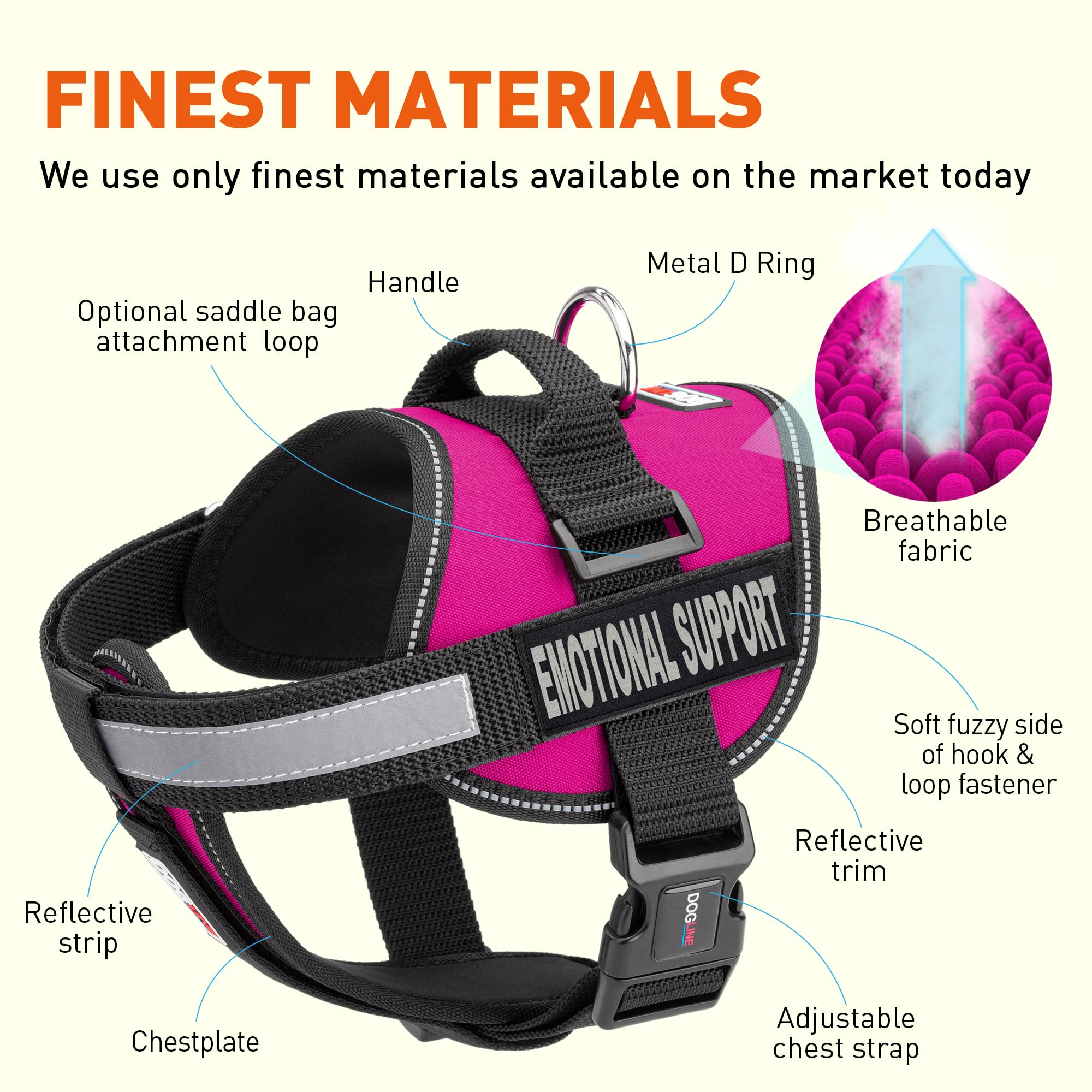 Dogline Vest Harness for Dogs and 2 Removable Emotional Support Patches, X-Large/36 to 46, Pink