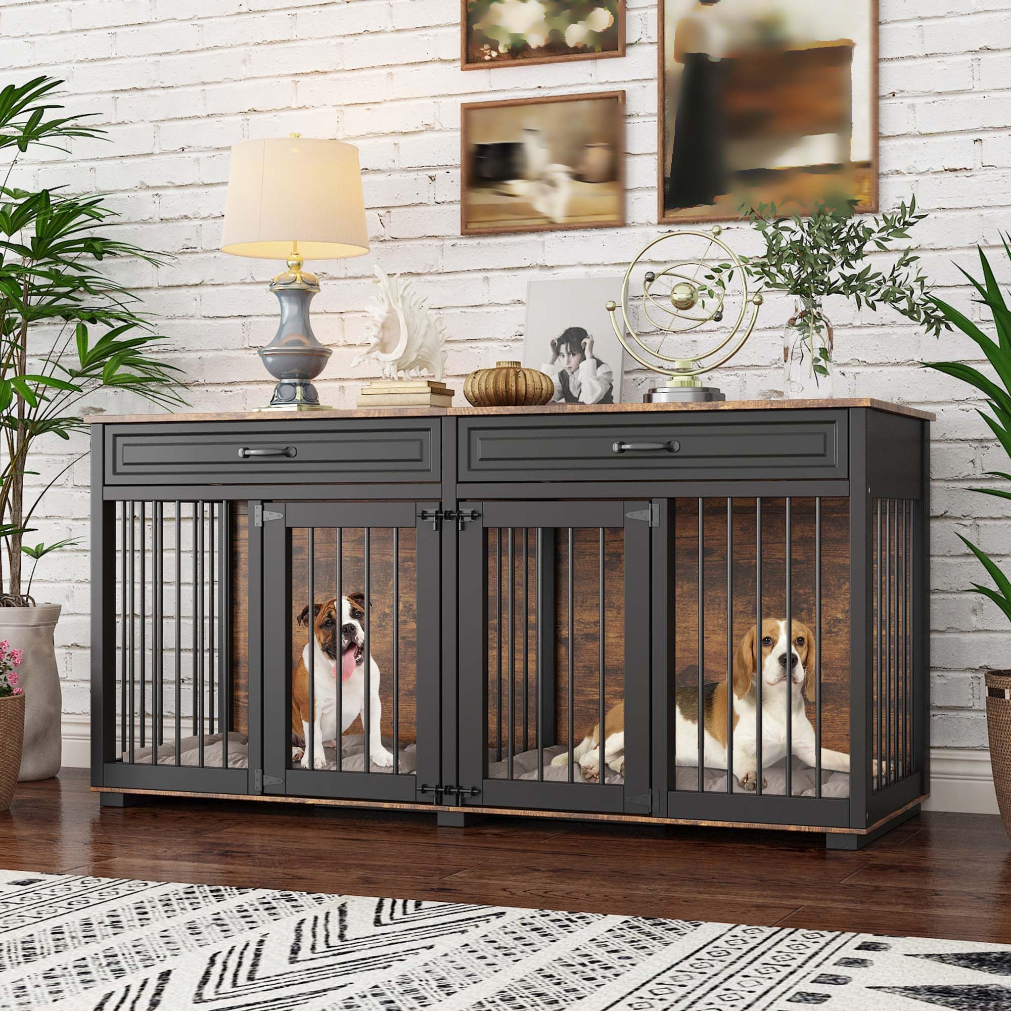 DAWNSPACES Extra Large Dog Crate Furniture, 93 Inch Heavy Duty Wooden Dog Kennel with Drawers & Removable Divider, Indoor Furnit