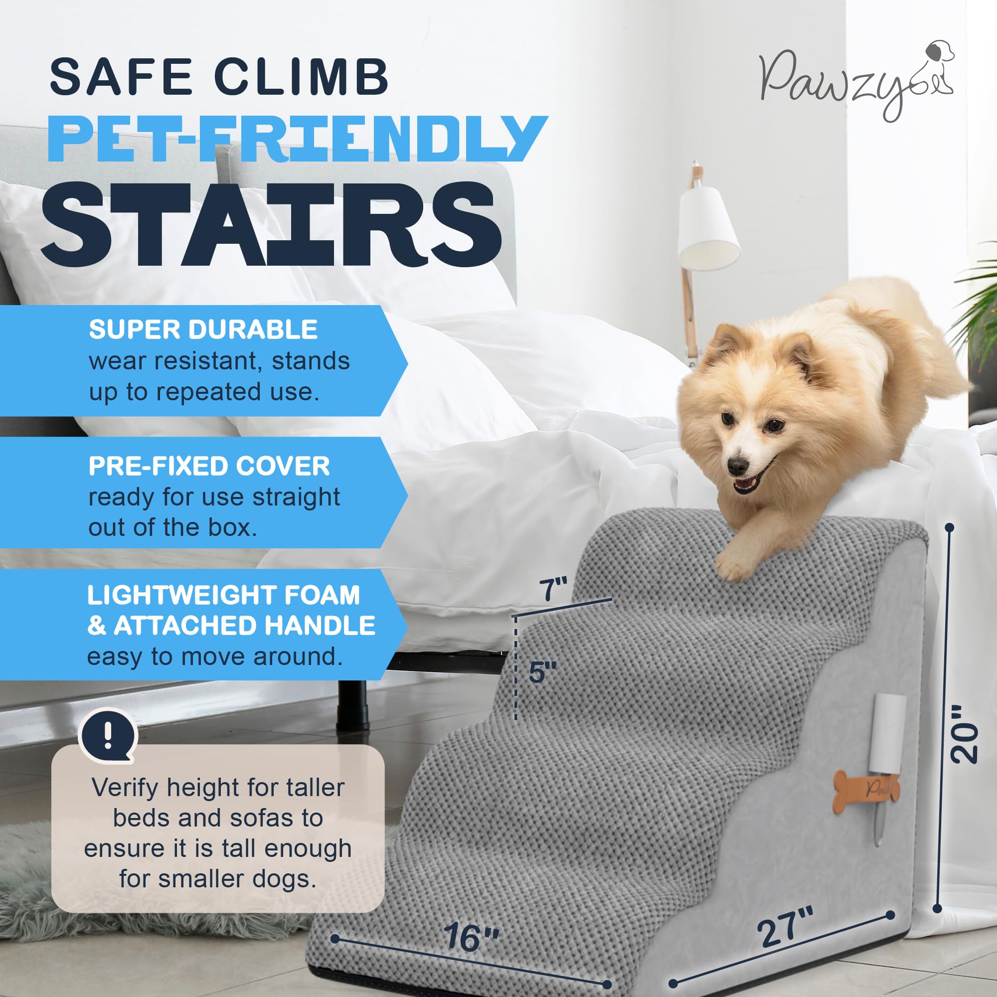 Pawzy Foam Pet Stairs For Bed, Couch Or Window Prefixed Cover - Wide Steps For Bed, Waterproof, Non-Slip Base - 4 Tier Ramp Dog