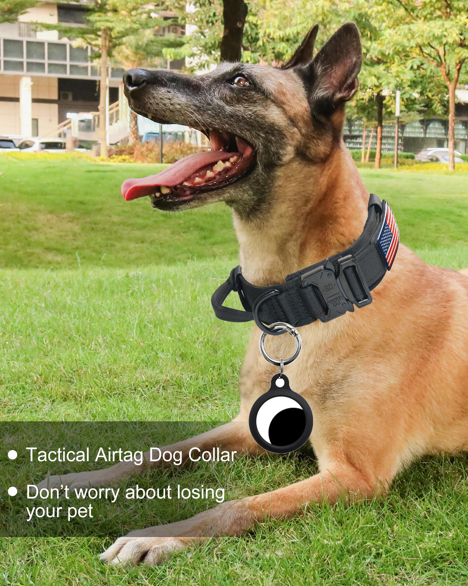 Hotsky Tactical Dog Collar, Adjustable Military Training Nylon Airtag Collar with Handle and Heavy Duty Metal Buckle for Medium