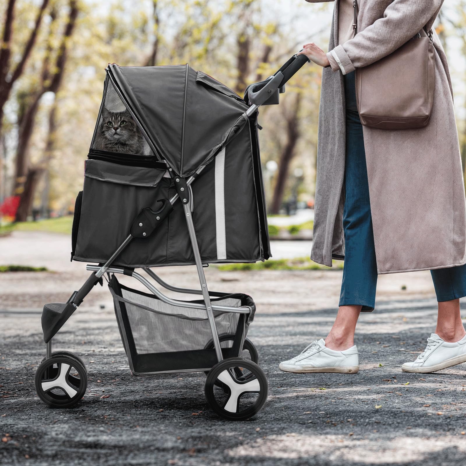 Monibloom Foldable Pet Stroller With Weather Cover, 3 Wheels Pet Strolling Cart For Small/Medium Dogs And Cats With Storage Basket And Cup Holder, Breathable And Visible Mesh For All-Season, Black