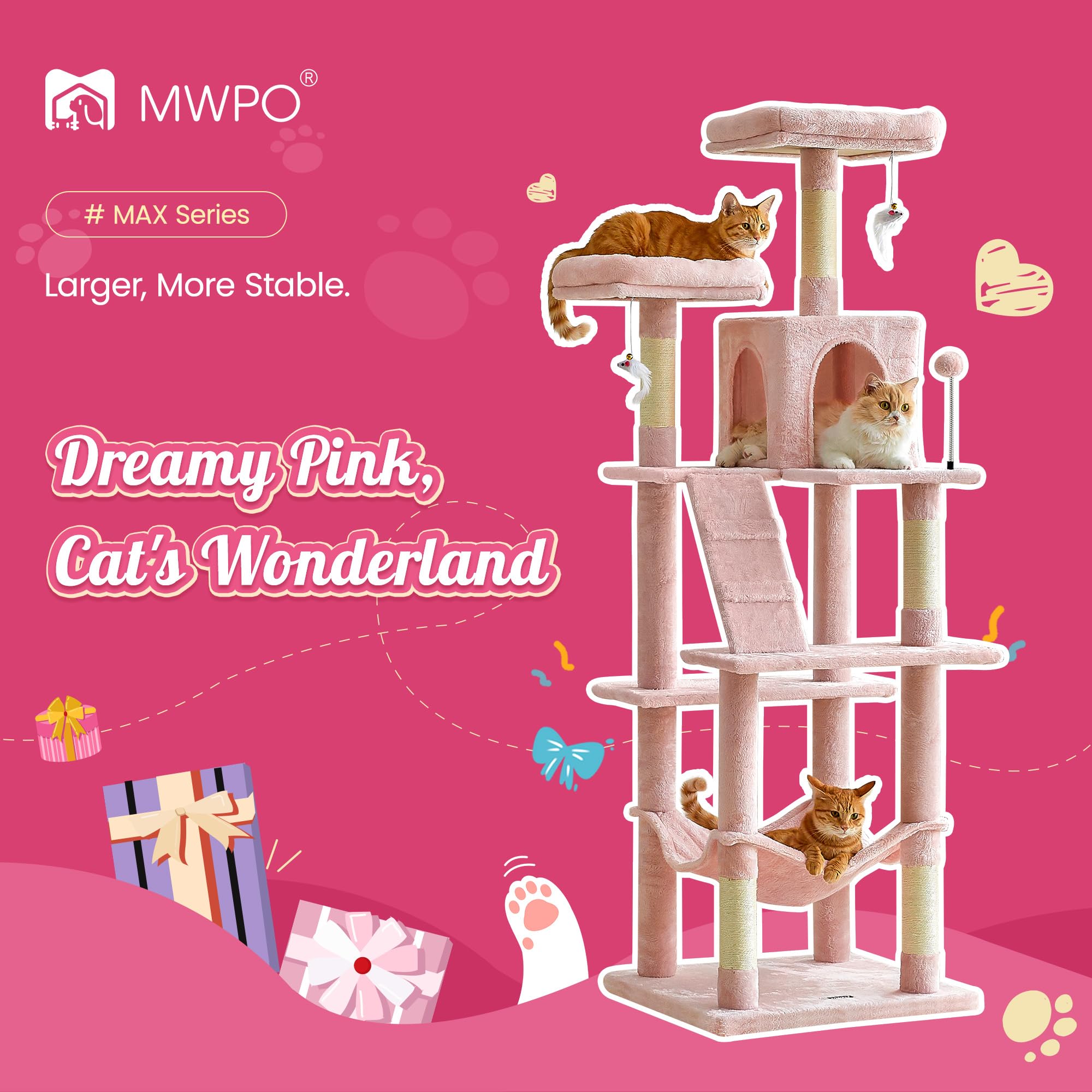 Mwpo 70.1-Inch Pink Large Cat Tree, Multi-Level Tall Cat Tower For Indoor Cats, Plush Cat Condo With Big Padded Perches, Sisal-Covered Scratching Posts, Hammock, Toys For Kittens & Cats