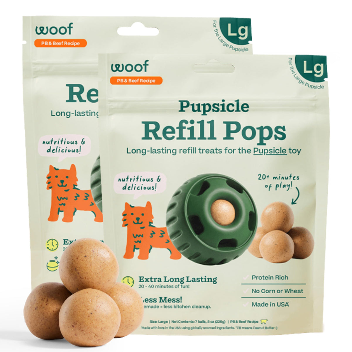 Woof Pupsicle Refill Pops - Low-Mess Dog Snacks - With Peanut Butter And Beef - Dog Treats - Long Lasting - Large Pops - 7 Count - 2 Pack