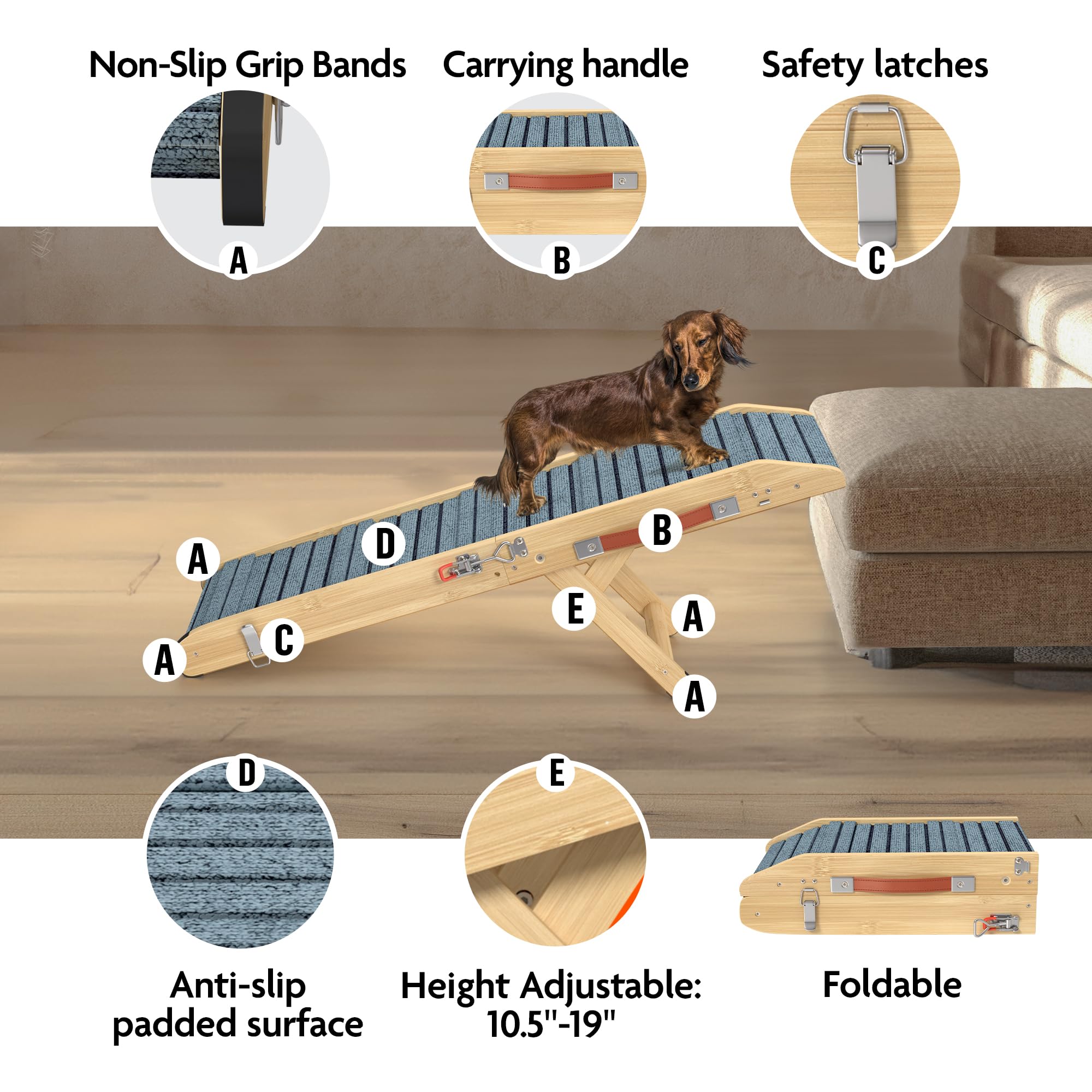Dog Ramp For Bed - 34    Length Foldable Ramp For Small Dogs To Get On Beds, Couch, Or Sofa - Portable Wooden Design With 4 Adju
