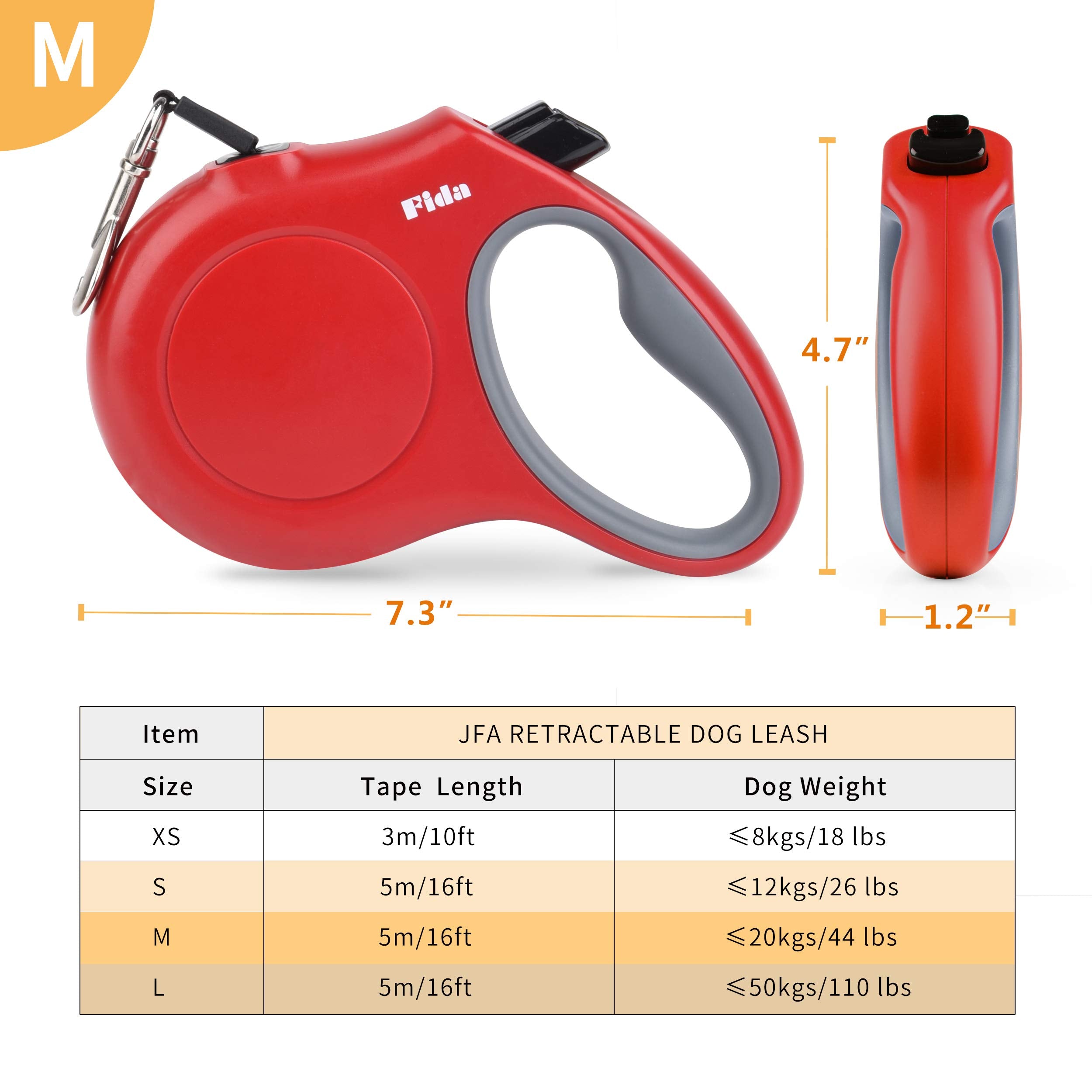 Fida Retractable Dog Leash, 16 Ft Dog Walking Leash For Small And Medium Dogs Up To 44Lbs, 360?Tangle Free, Red