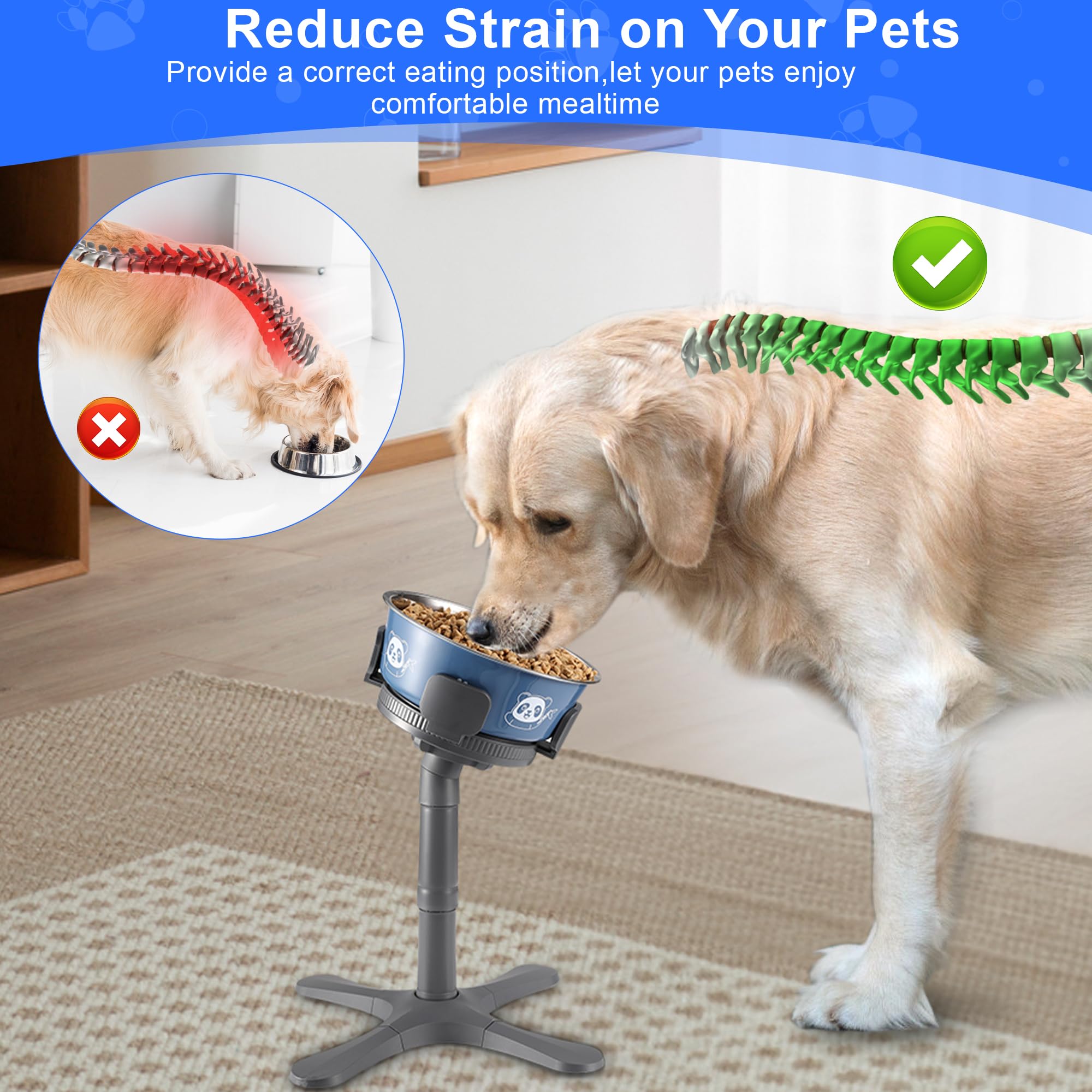 Dog Bowls,Elevated Adjustable Dog Bowl Stand with 3 Heights & Tilted Feeding Design, Raised Stand Compatible with Medium & Large