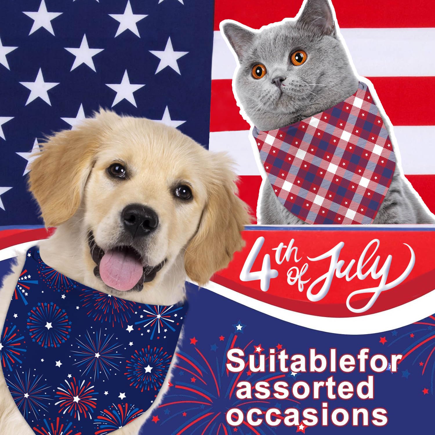 4Th Of July Dog Bandanas, Adjustable American Flag Holiday Party Pet Decorations 2 Pack, Patriotic Bandana Independence Day Tria