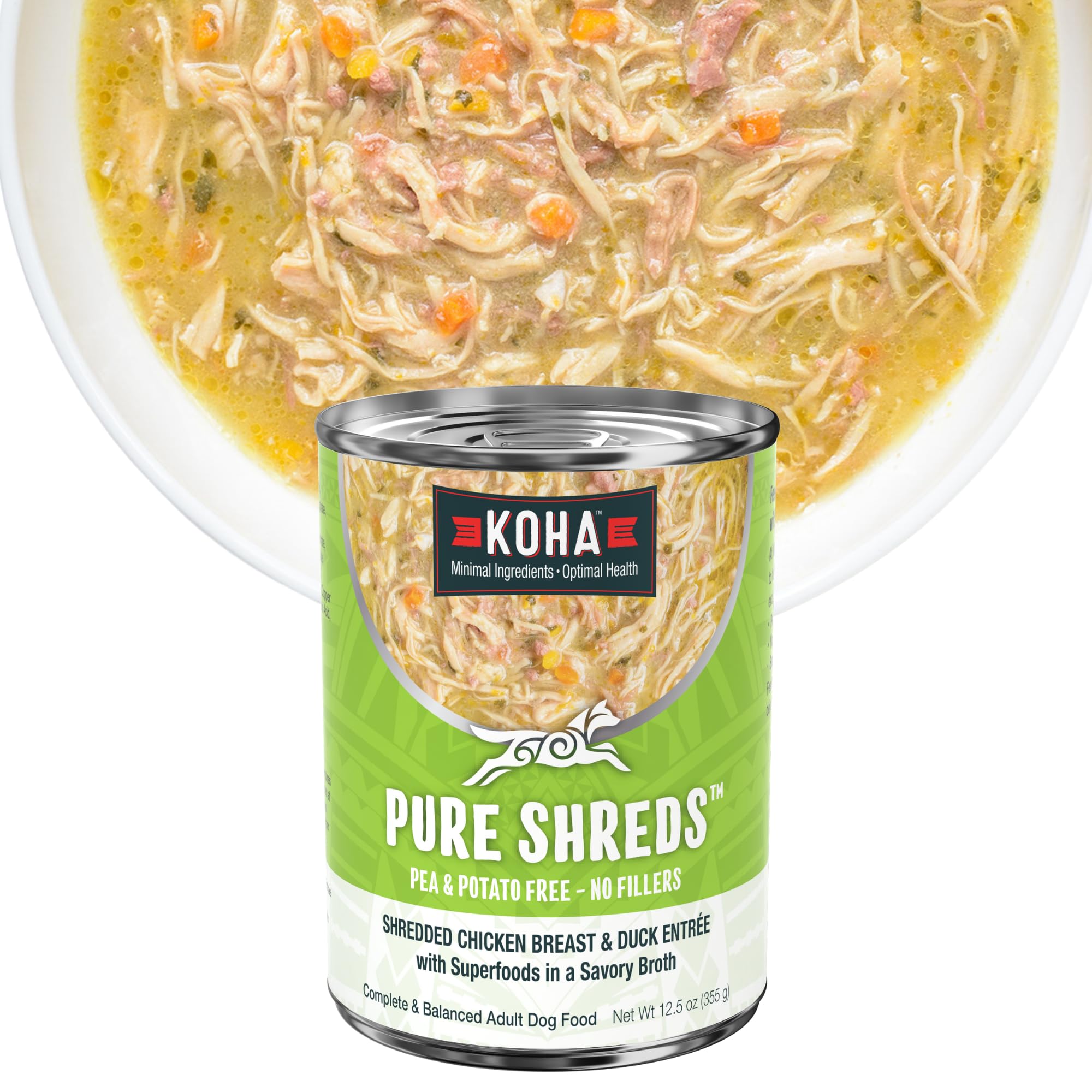 KOHA Pure Shreds Chicken and Duck Entr  e for Dogs, 12.5oz Cans (Pack of 12)