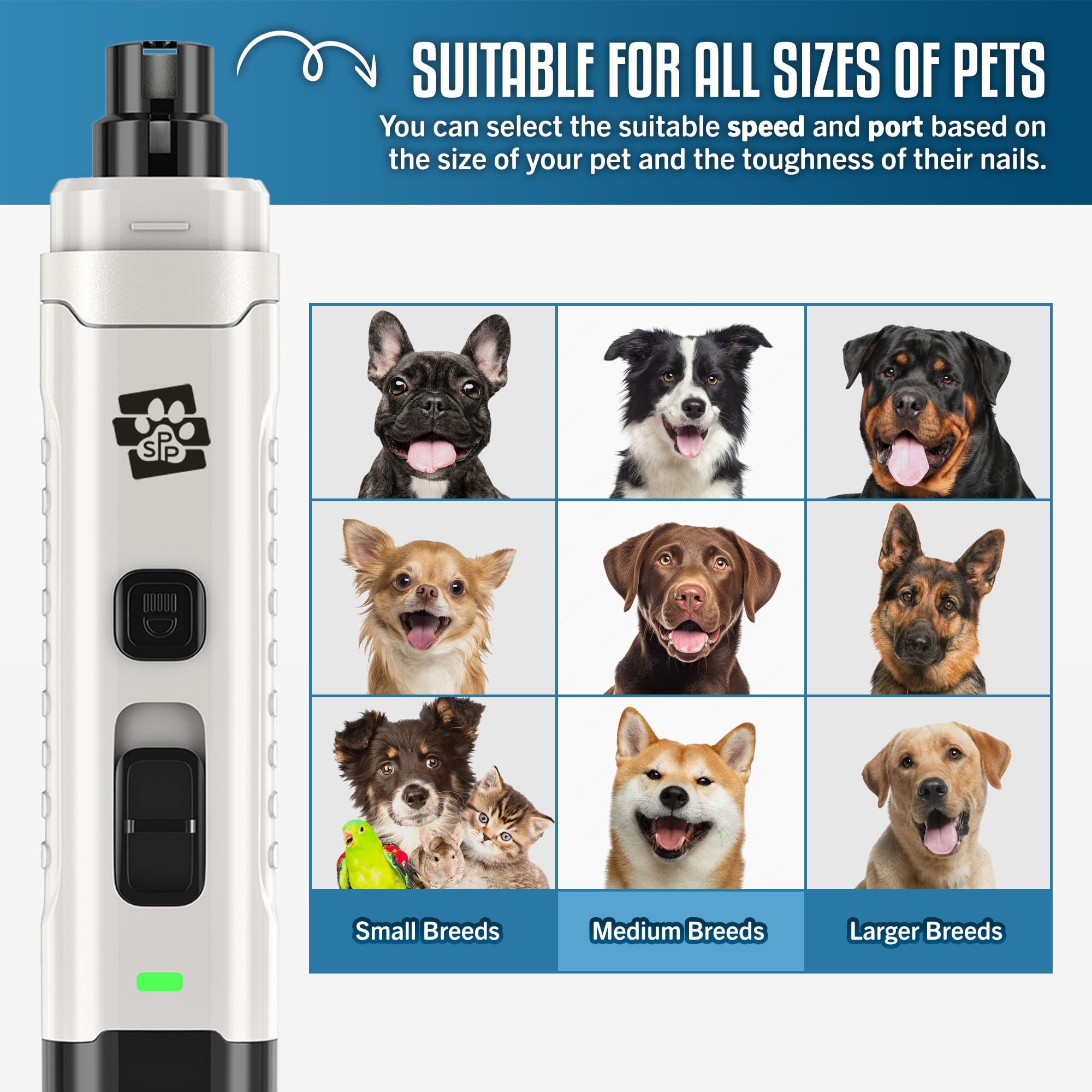 Soft Pet Paws Dog Nail Grinder - Ultra Quiet Operation - Upgraded Dog Nail Trimmer With 2 Led Lights - 2-Speed Rechargeable Nail