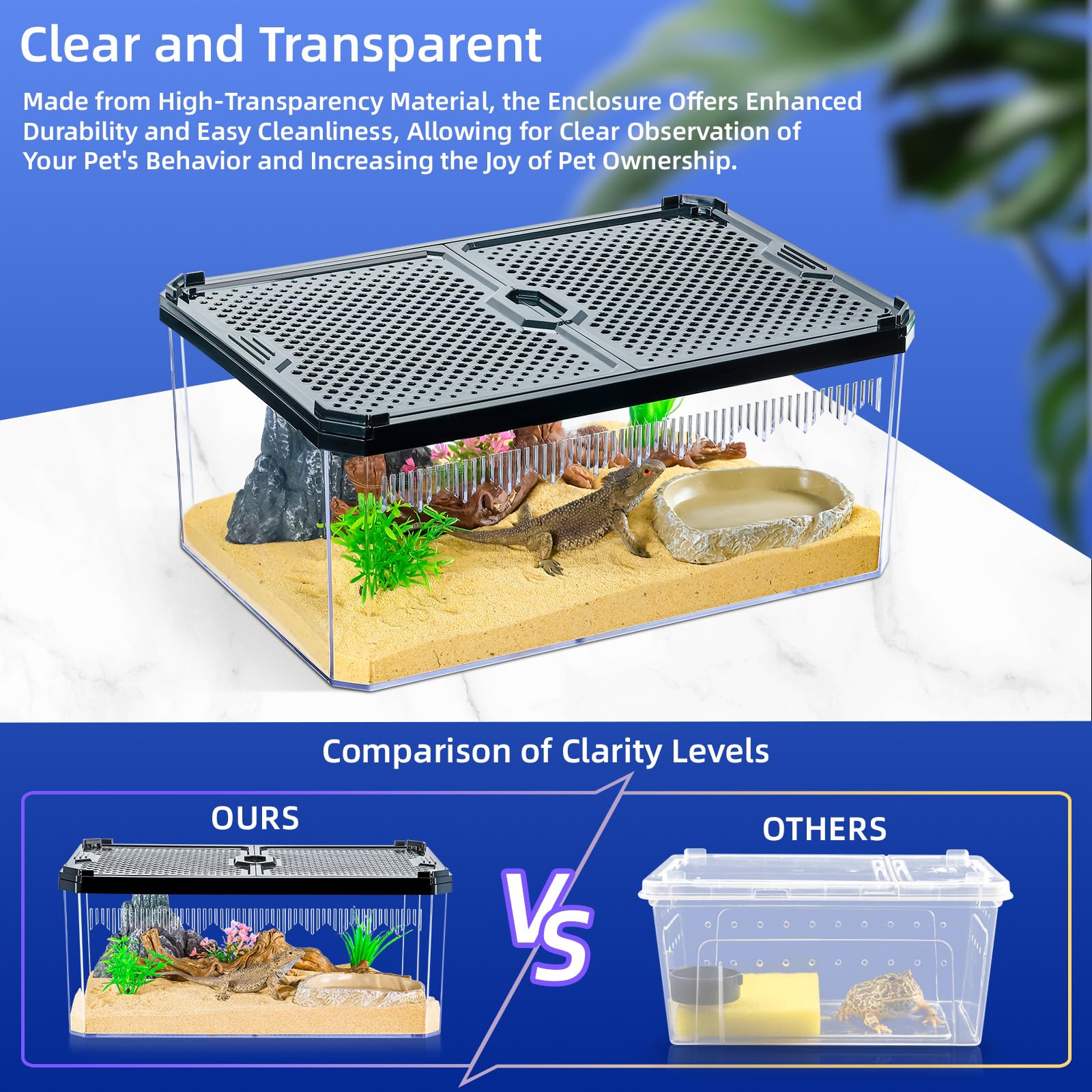 High-Transparency Reptile & Insect Enclosure Terrarium with Magnetic Door, Excellent Ventilation, Easy Cleaning, and Strong, Lon