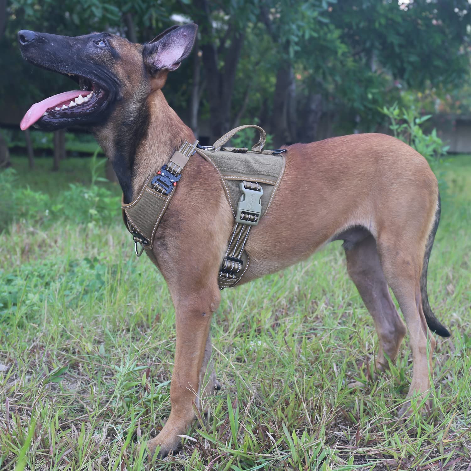 Icefang Gn8 Quick Moving Tactical Dog Harness With Handle ,Reflective In Training Walking K9 Vest,No-Pull Front Lead ,5-Points Adjust , Hook And Loop Panel (L (Neck 18'-24'; Chest 28'-35'),Brown)