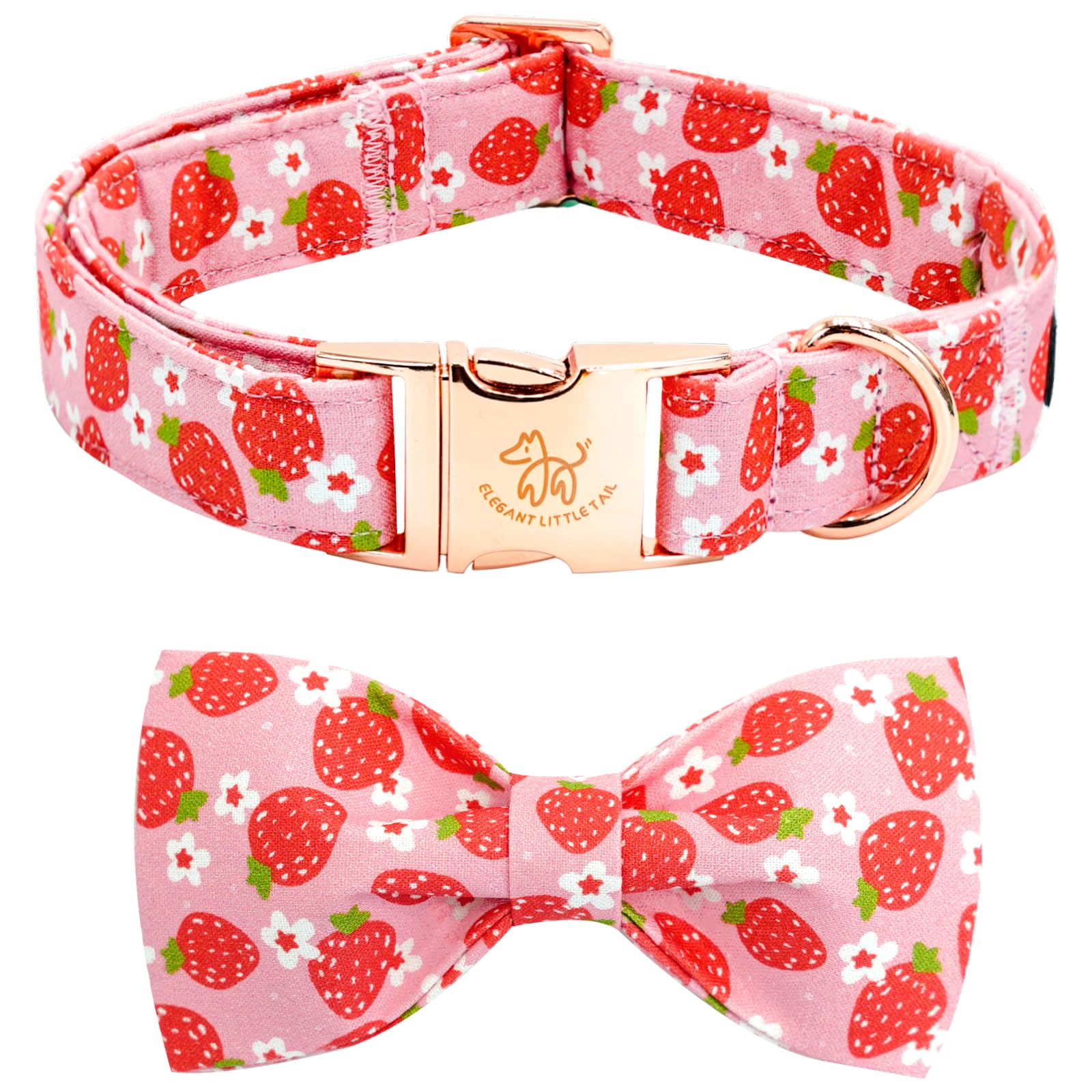 Elegant Little Tail Xs Strawberry Print Cotton Soft Floral Dog Collar With Bow, Adjustable For X-Small Dogs