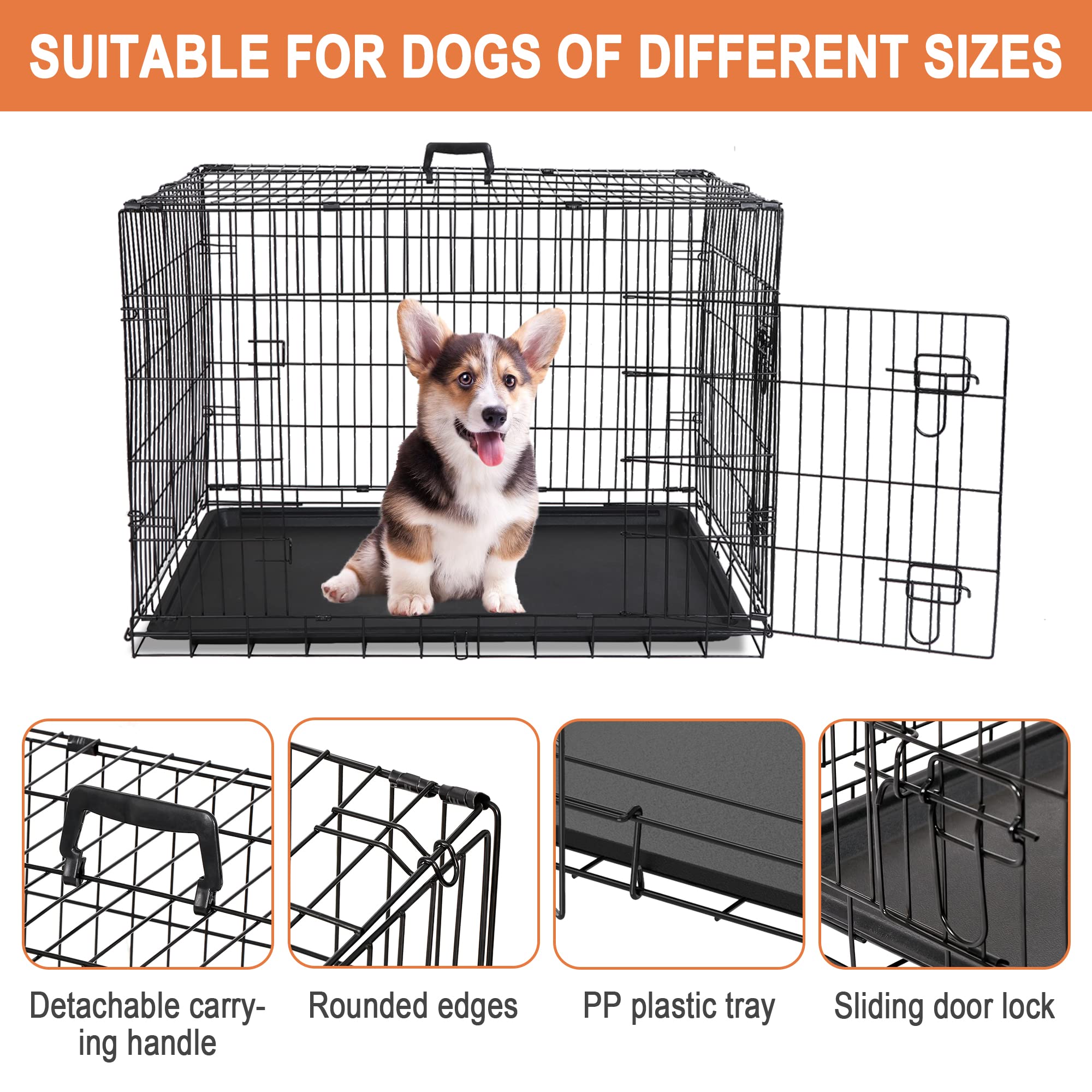 30/36/42 Inches Double Door Dog Crate Folding Metal Wire Dog Kennel Cage With Tray For Small/Medium/Large Dogs Indoor Outdoor Tr