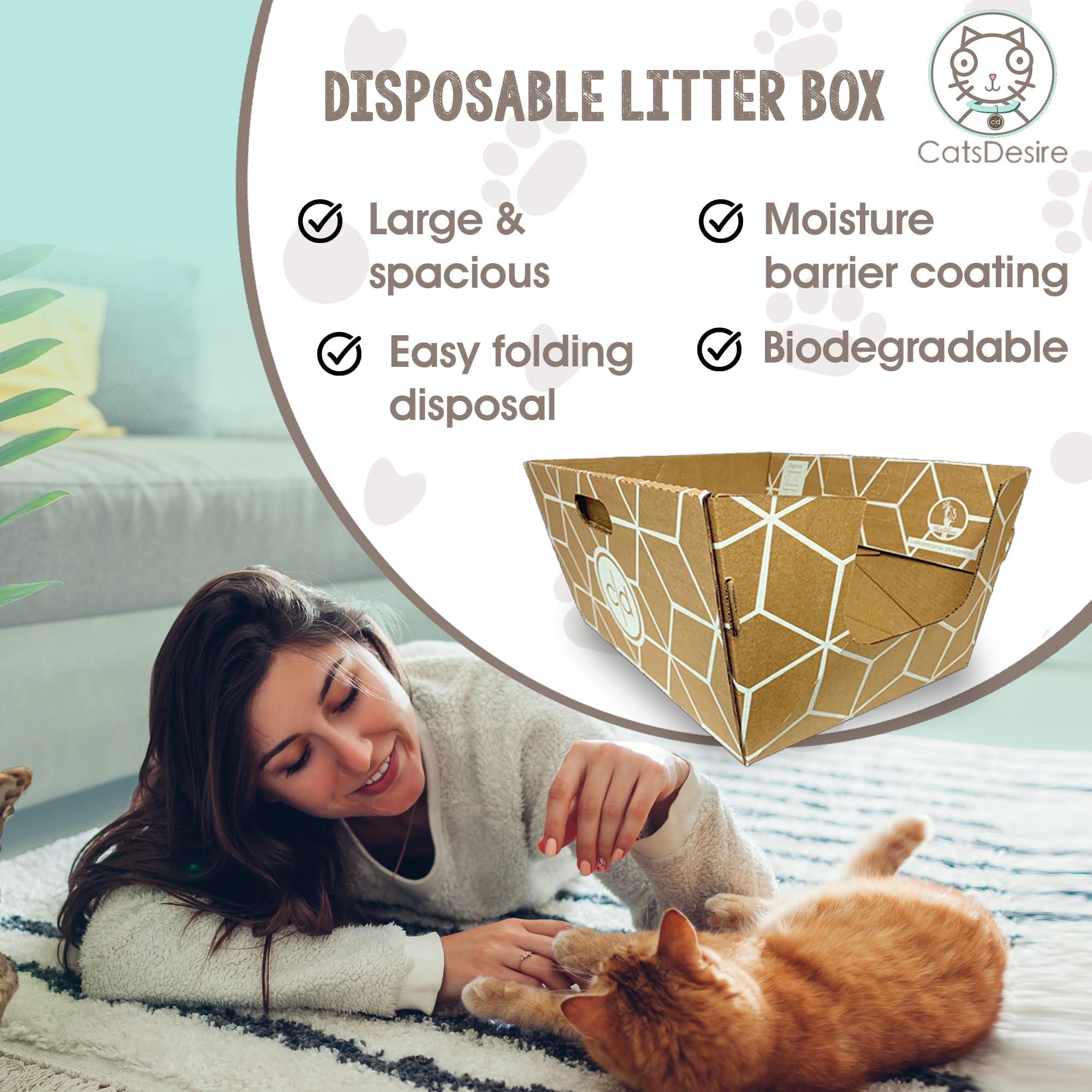 Cats Desire Disposable Litter Box No Plastic Solution (10 Tray) W/ Low Entry & Enclosed Box - Teal On Natural Brown, Made In Usa Woman Owned, 19'L X 17'W X 8.5'H Tray - 19'L X 17'W X 17'H Enclosed Box