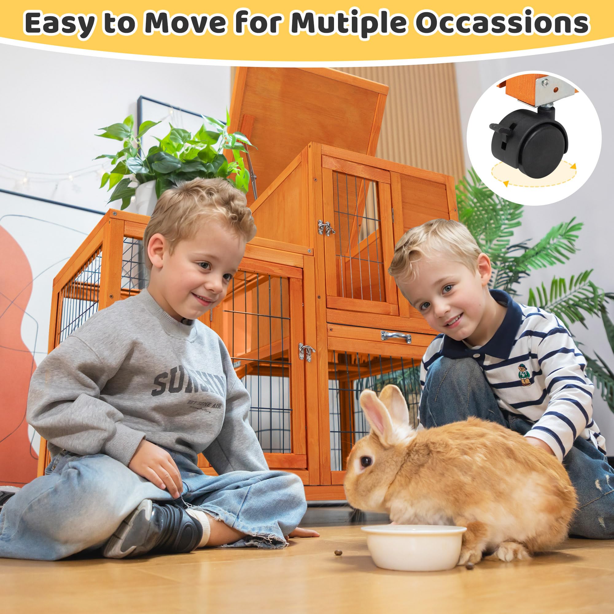Indoor Rabbit Hutch Outdoor Bunny Hutch With Wheels, 2 Pull-Out Trays, Waterproof Openable Roof, 39'' L Large 2-Level Wooden Rab