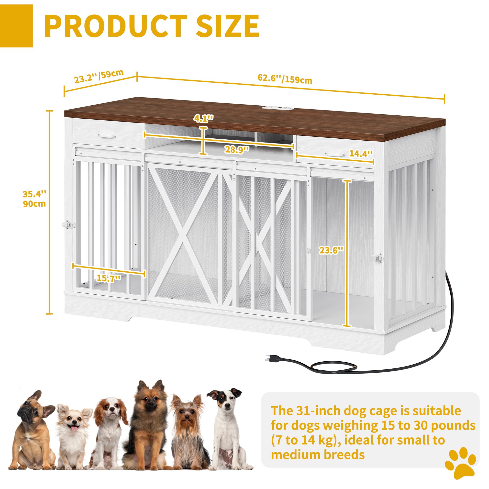 DWVO Double Dog Crate Furniture, Heavy Duty Wooden TV Stand, 62.6"L x 23.2"W x 35.4"H, White, Model MADWVd2h6