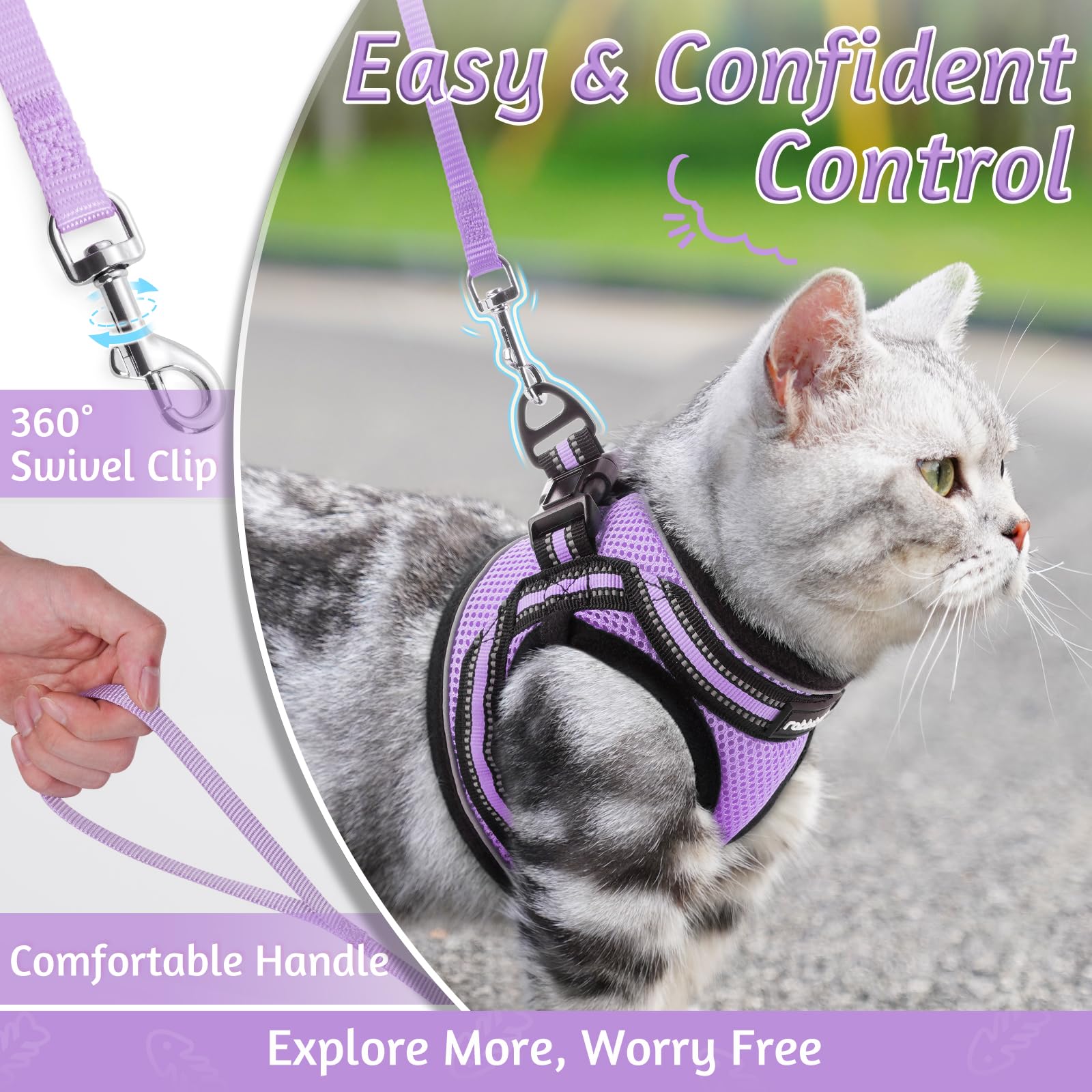 Rabbitgoo Cat Harness And Leash Set For Walking Escape Proof, Adjustable Soft Kittens Vest With Reflective Strip For Cats, Comfortable Outdoor Vest, Light Purple, L