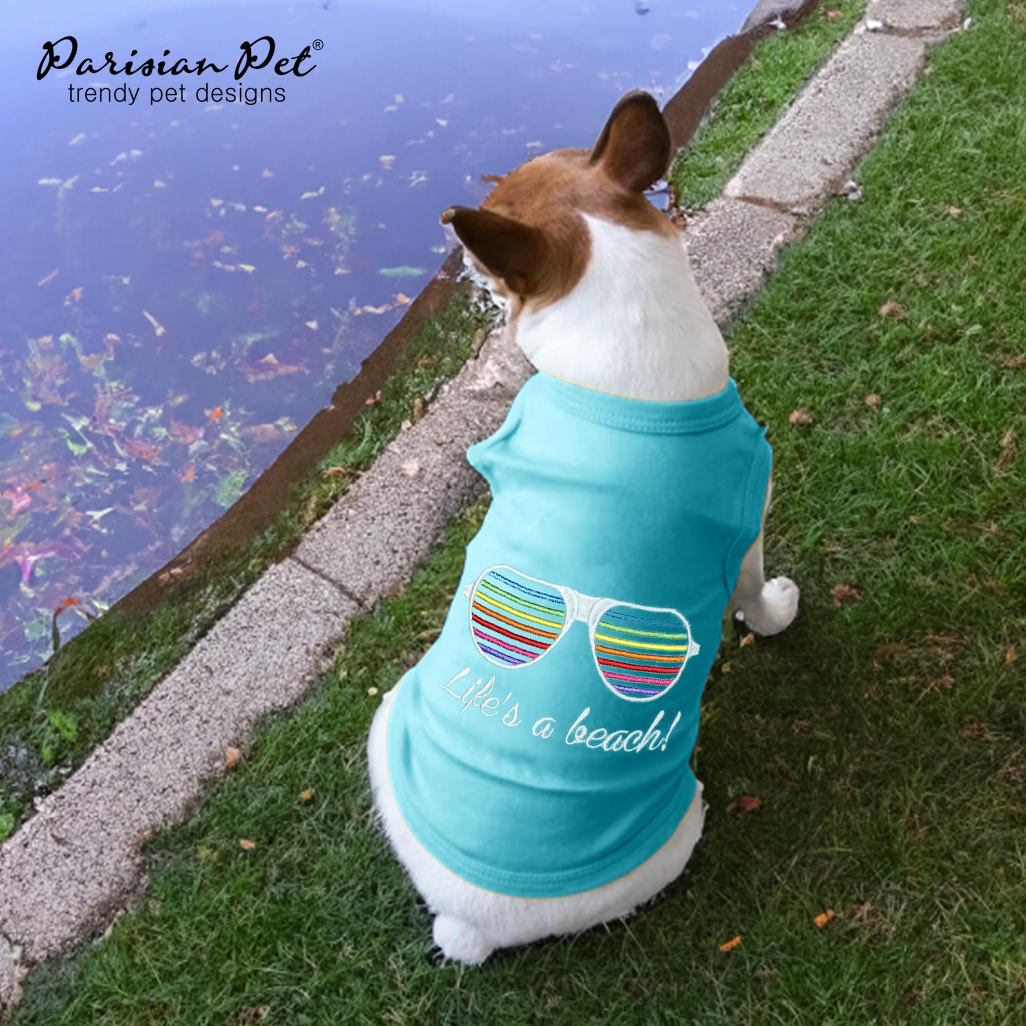 Parisian Pet Dog Tshirt - Embroidered Lifes A Beach Lightweight Tank Top - 100% Cotton, Tee Shirts - Summer Dog Clothes - Machin