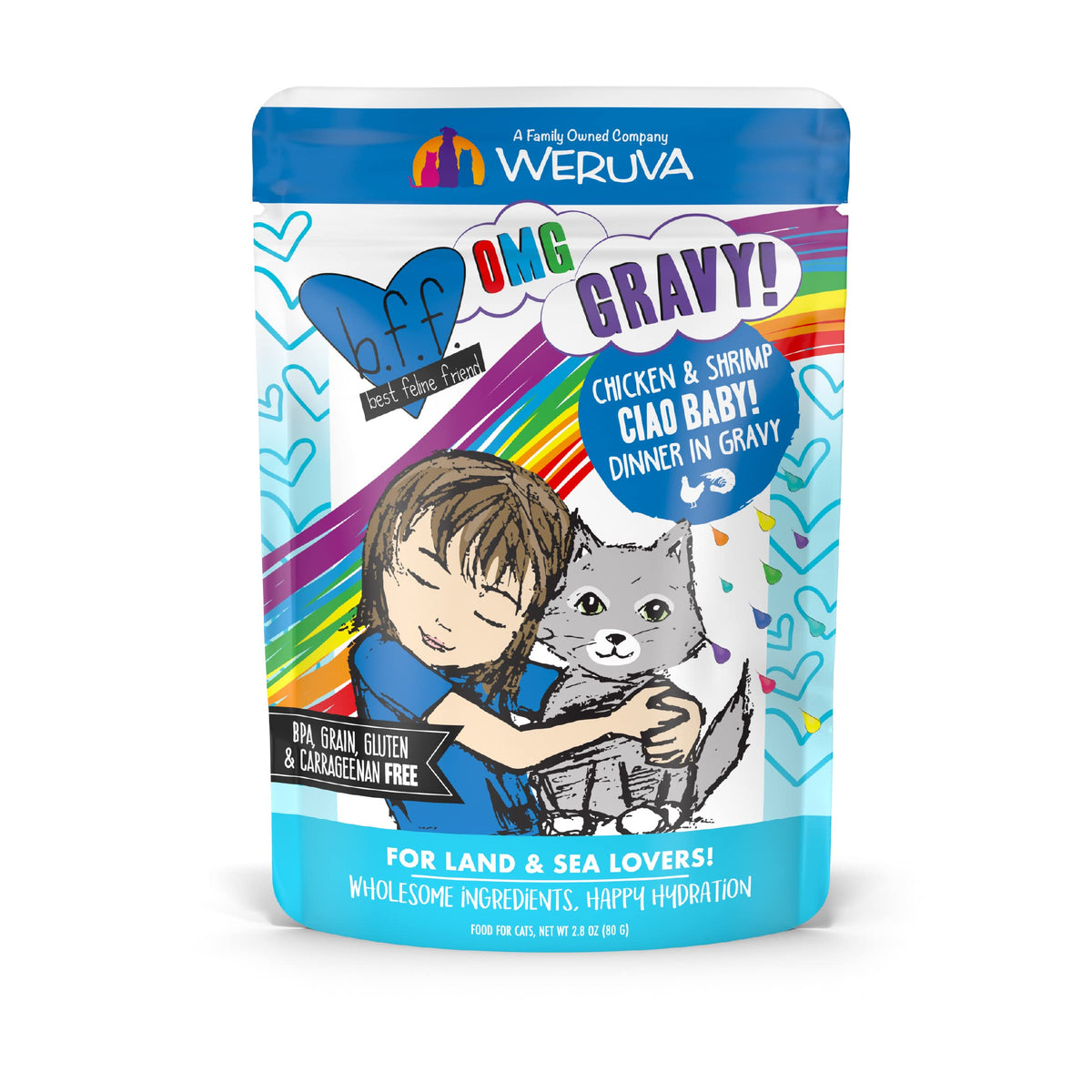 Weruva B.F.F. Omg - Best Feline Friend Oh My Gravy!, Ciao Baby! With Chicken & Shrimp In Gravy Cat Food, 2.8Oz Pouch (Pack Of 12)