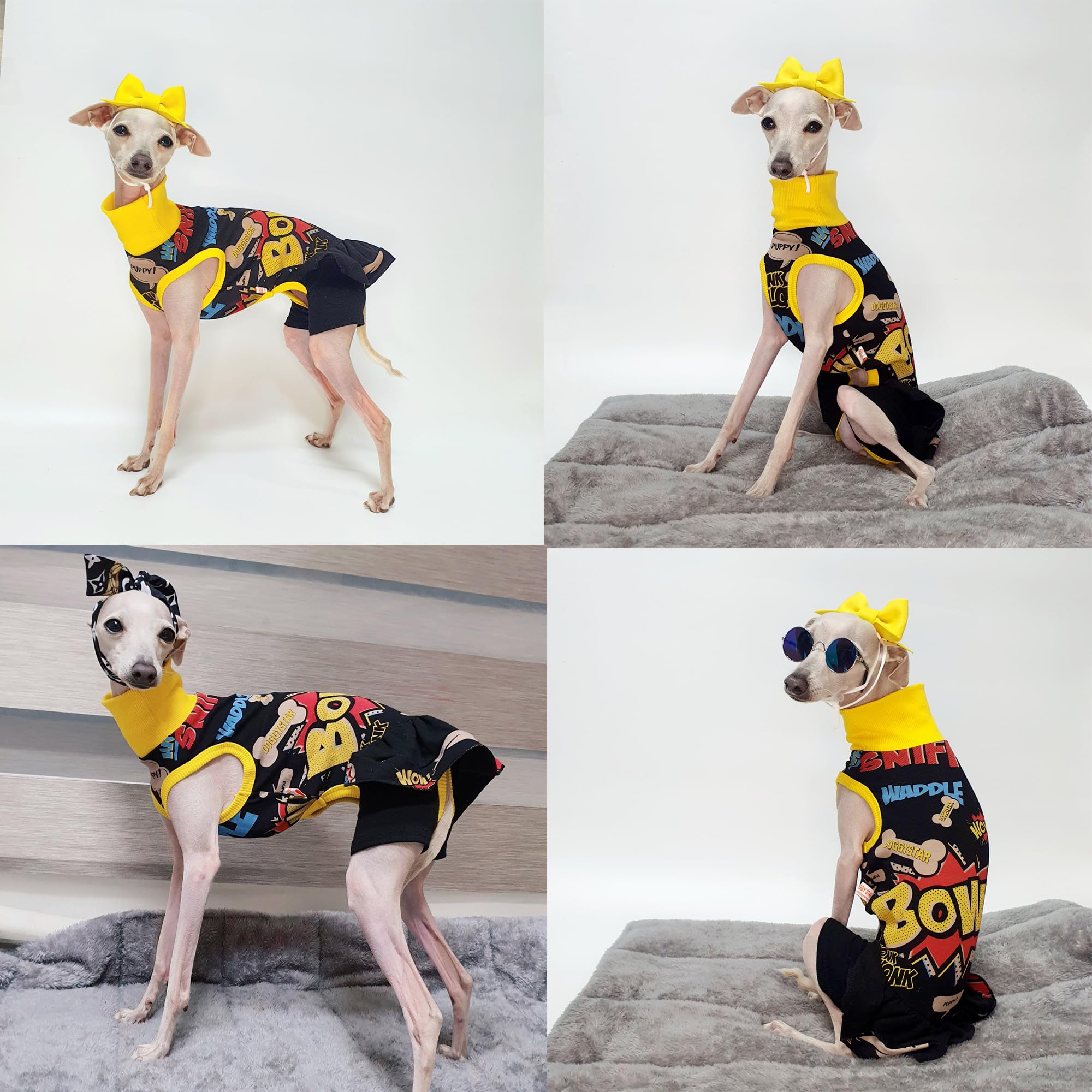 D Doggy Star Italian Greyhound Clothes Stretchable Bow Leggings One-Piece Whippet For Dog (3Xl,Ops Bow Black)