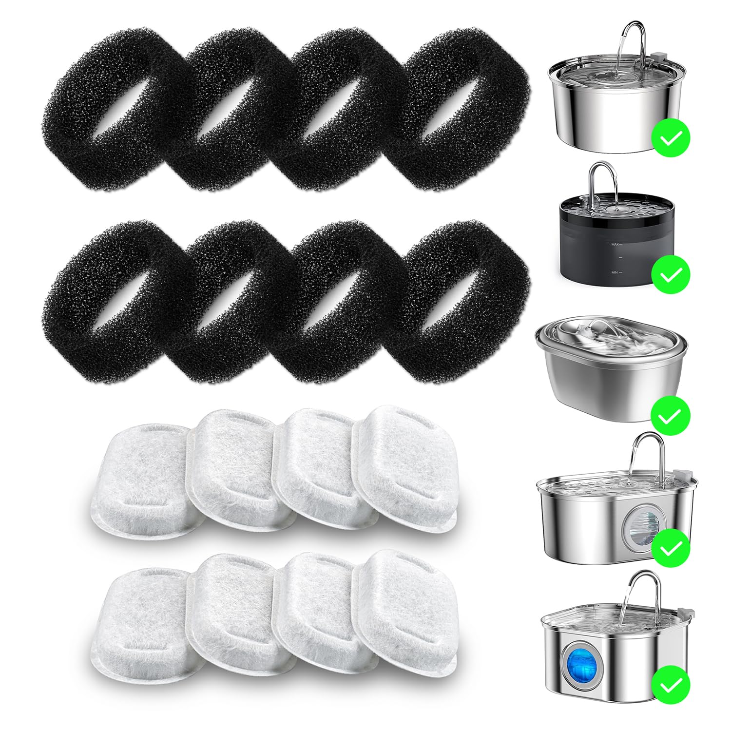 Cat Water Fountain Filter Replacement, 4+4/8+8/12+12/16+16 Pack For Stainless Steel Cat Fountain 2L/67Oz And 3.2L/108Oz, Carbon 