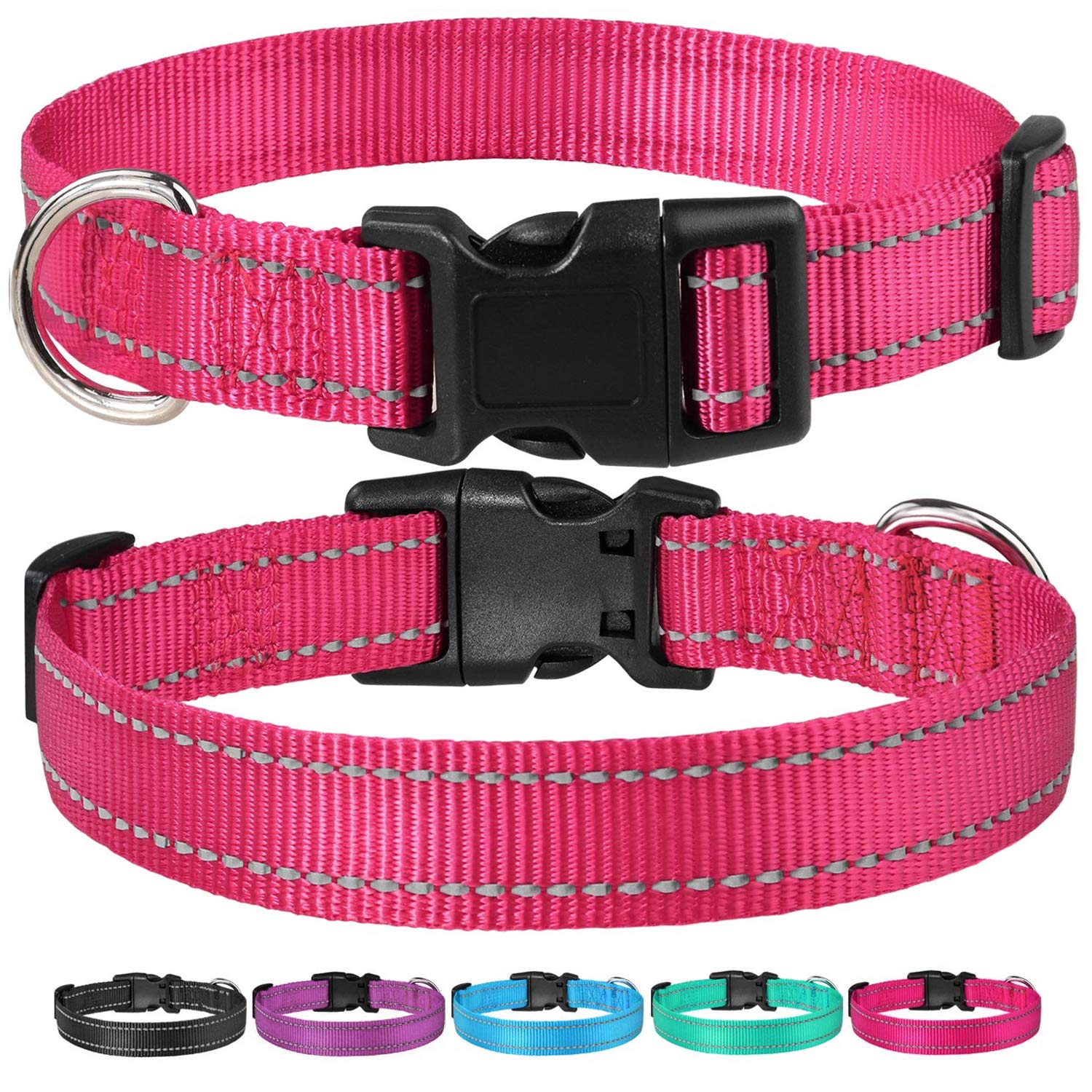 Reflective Dog Collar With Buckle Adjustable Safety Nylon Collars For Small Medium Large Dogs, Hotpink Xs