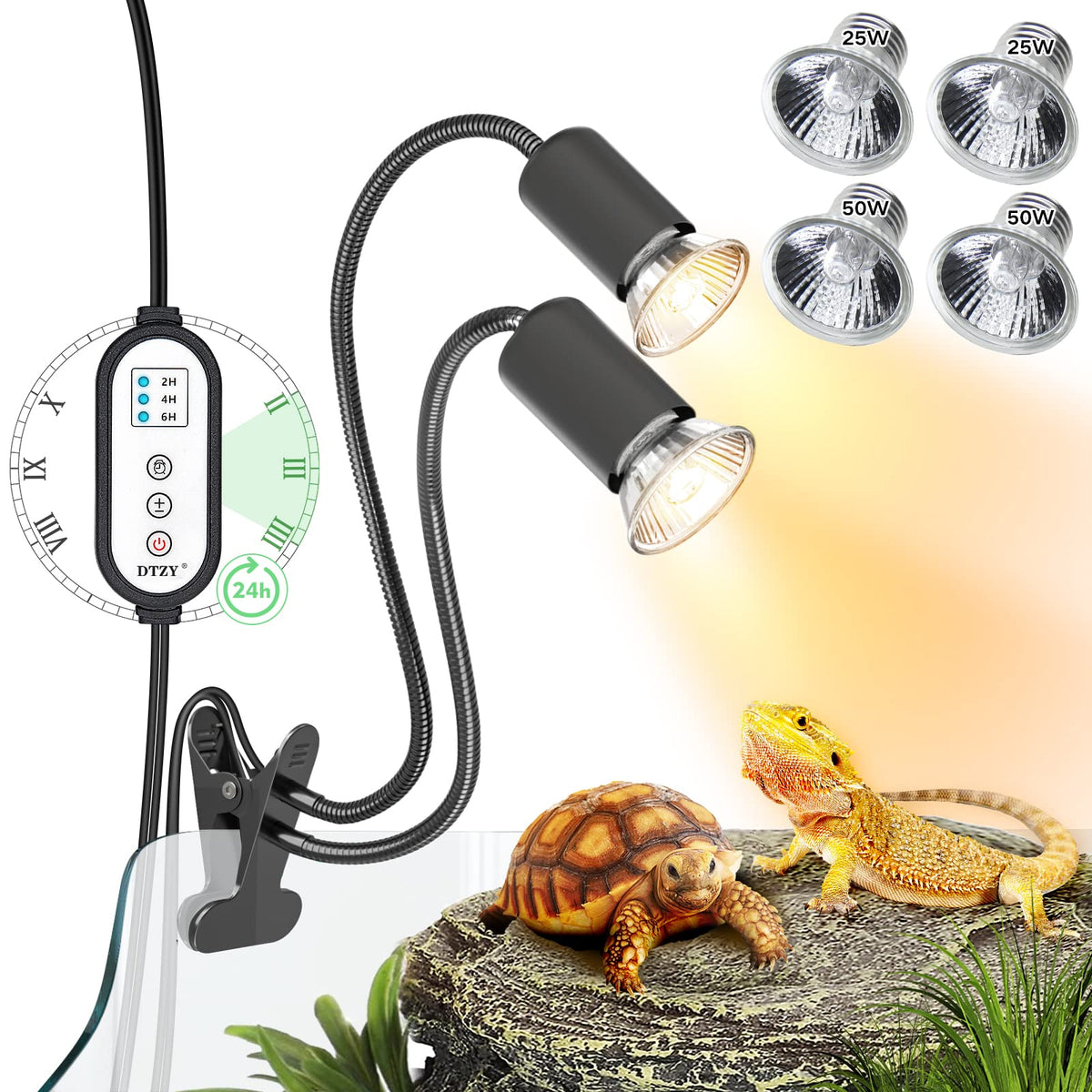 Reptile Heat Lamp, Dual-Head Uva/B Reptile Light With Cycle Timer, Basking Light For Reptile Turtle Bearded Dragon Lizards Snake, E26/27 Base With 4 Bulbs (2Pcs 25W And 2Pcs 50W)