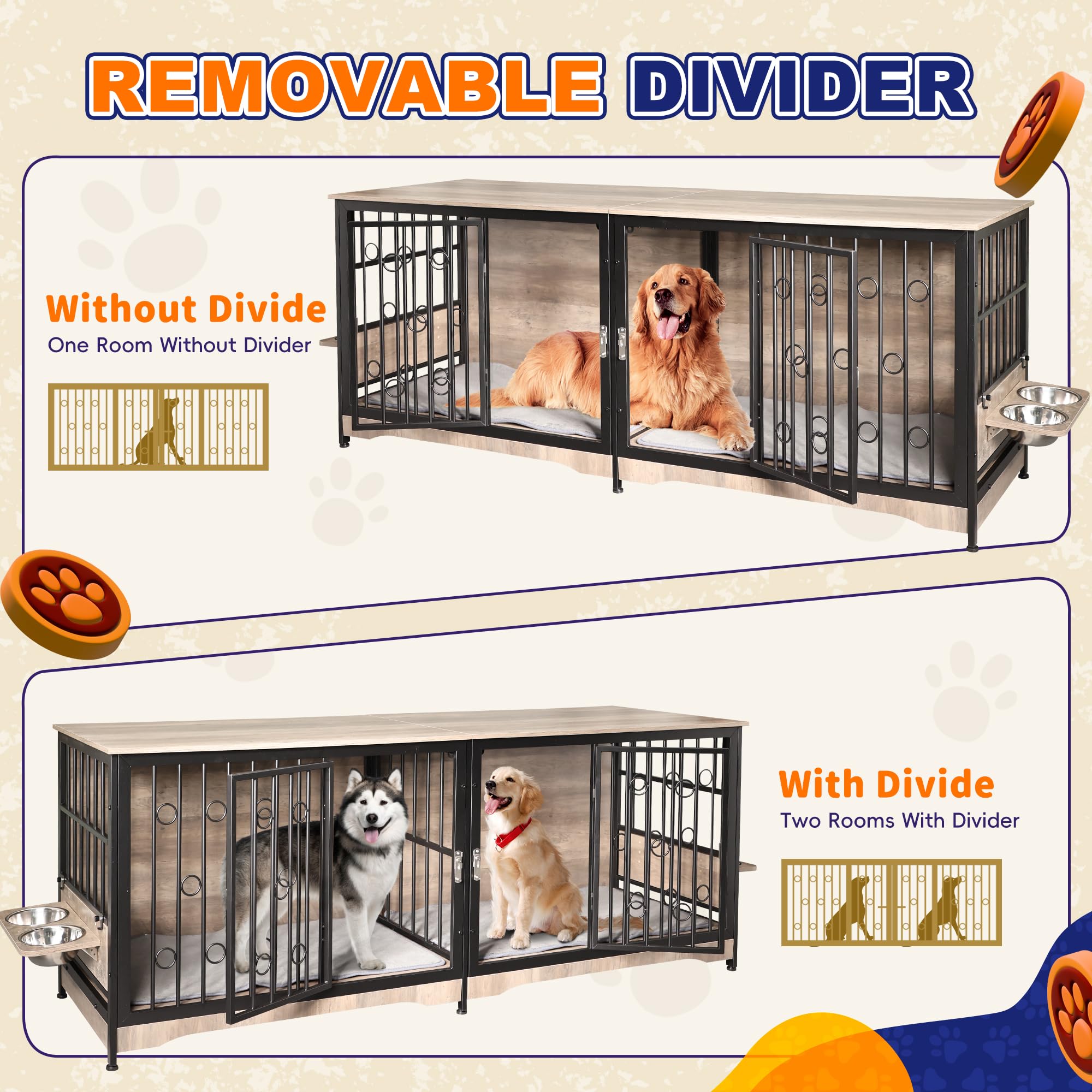 75   Dog Crate Furniture Large Storage TV Stand with Dual Cushion / 4 Bowls/Double Rooms, Wooden Dog Kennel Dog Crate End Tabl