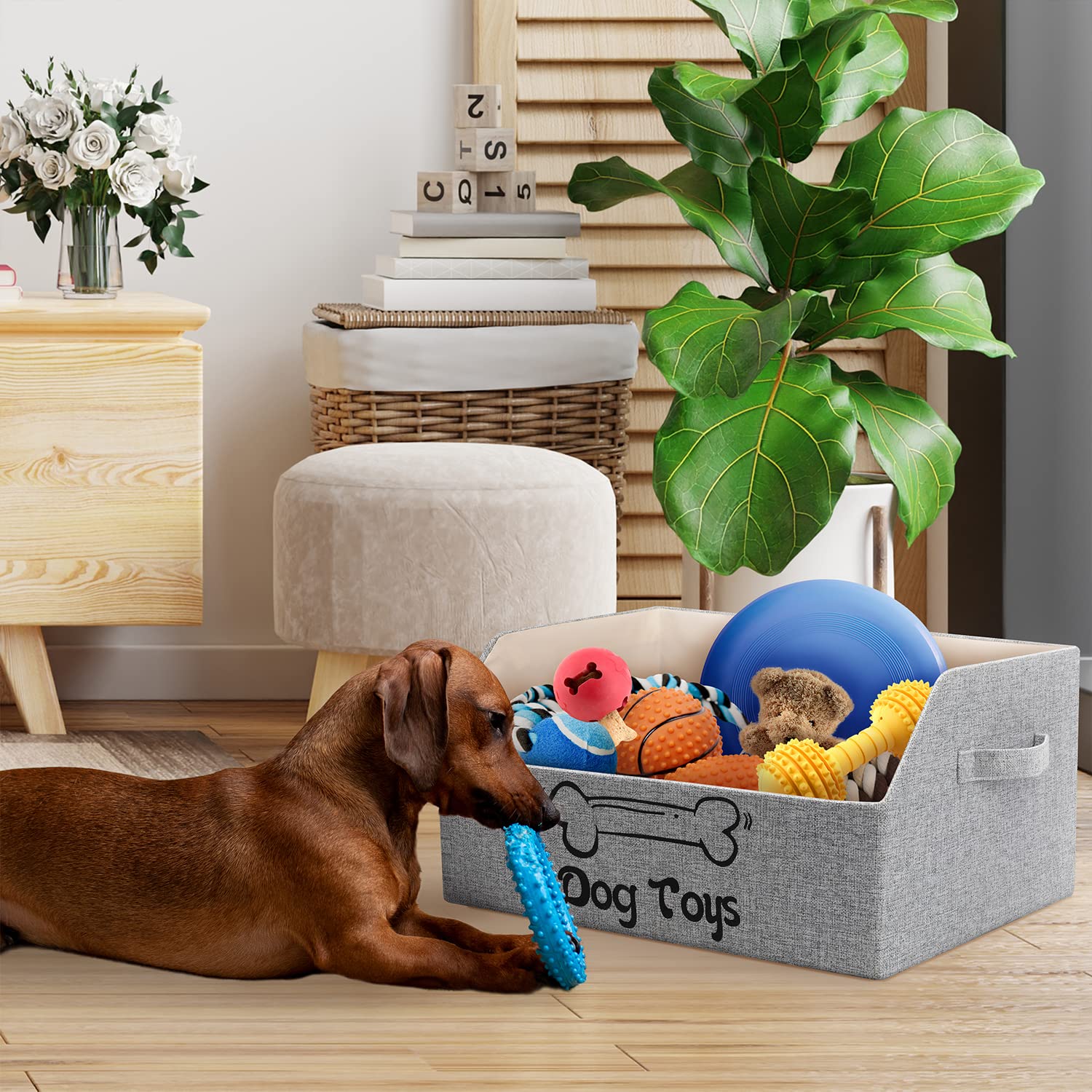 LOVSTORAGE 2X Thicker Large Dog Toy Bin Collapsible Dog Toy Box Sturdy Dog Toy Basket Puppy Toy Storage Bed for Organizing Dog T