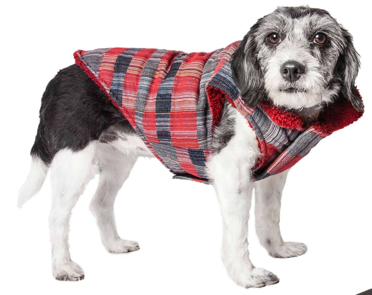 Pet Life ® 'Scotty' Tartan Classical Plaid Dog Coat - Insulated Plaid Dog Jacket with Reversible Sherpa Lining - Winter Dog Clothes for Small Medium Large Dogs