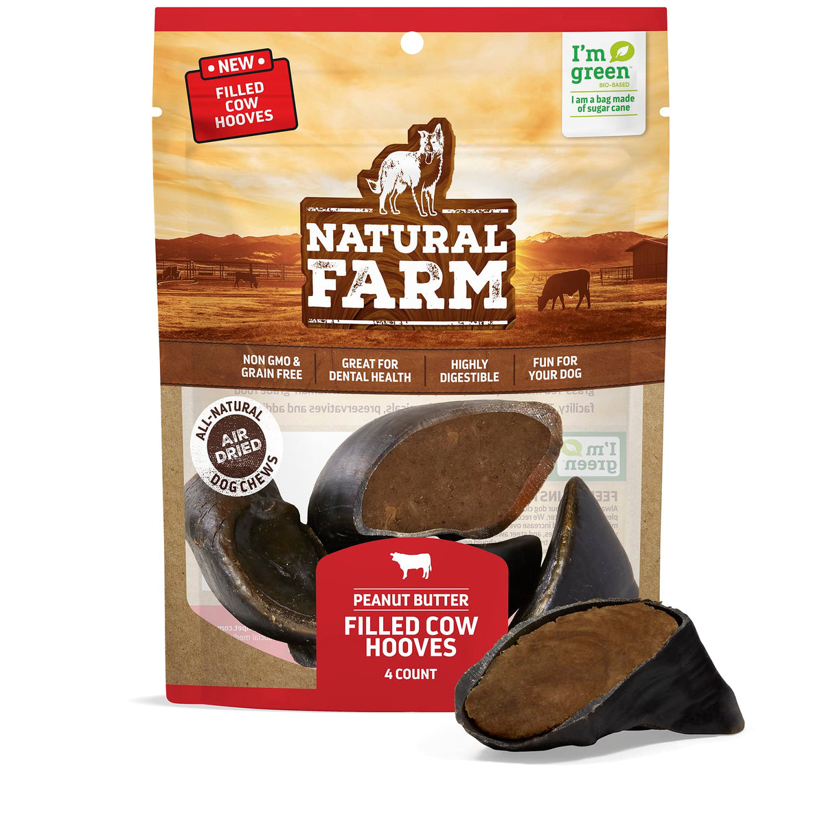 Natural Farm Peanut Butter Flavor Filled Cow Hooves For Dogs (4-Pack), Long-Lasting Natural Beef Bone Treats, Best For Small, Medium & Large Dogs