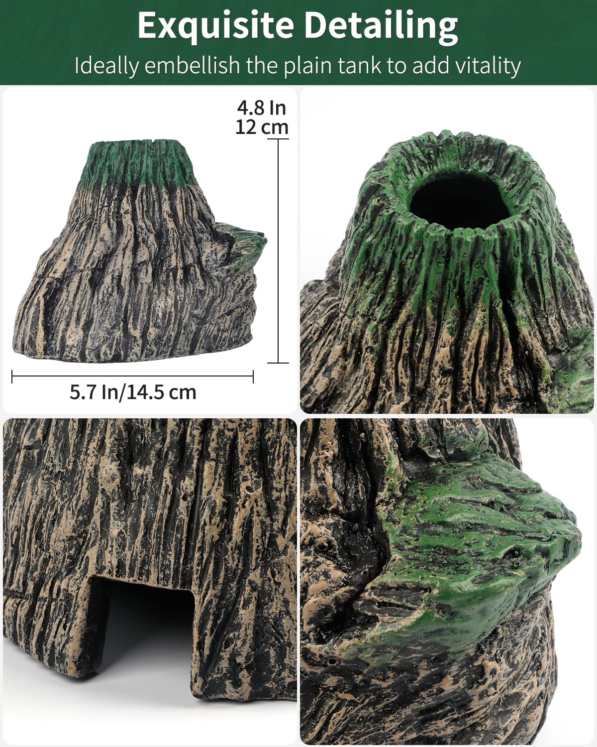 Uniclife Aquarium Volcano Ornament Kit Realistic Resin Volcanic Decoration With Air Stone Bubbler Red Led Light Decor For Fish T