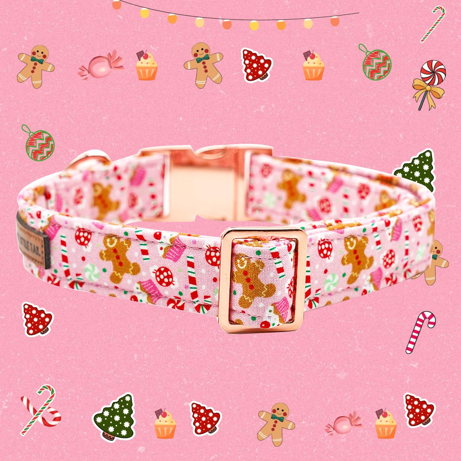 Elegant Little Tail Dog Collar, Christmas Pink Gingerbread Man Print Pet Collar Cute Dog Collars Male Or Female Pet Gift Adjusta