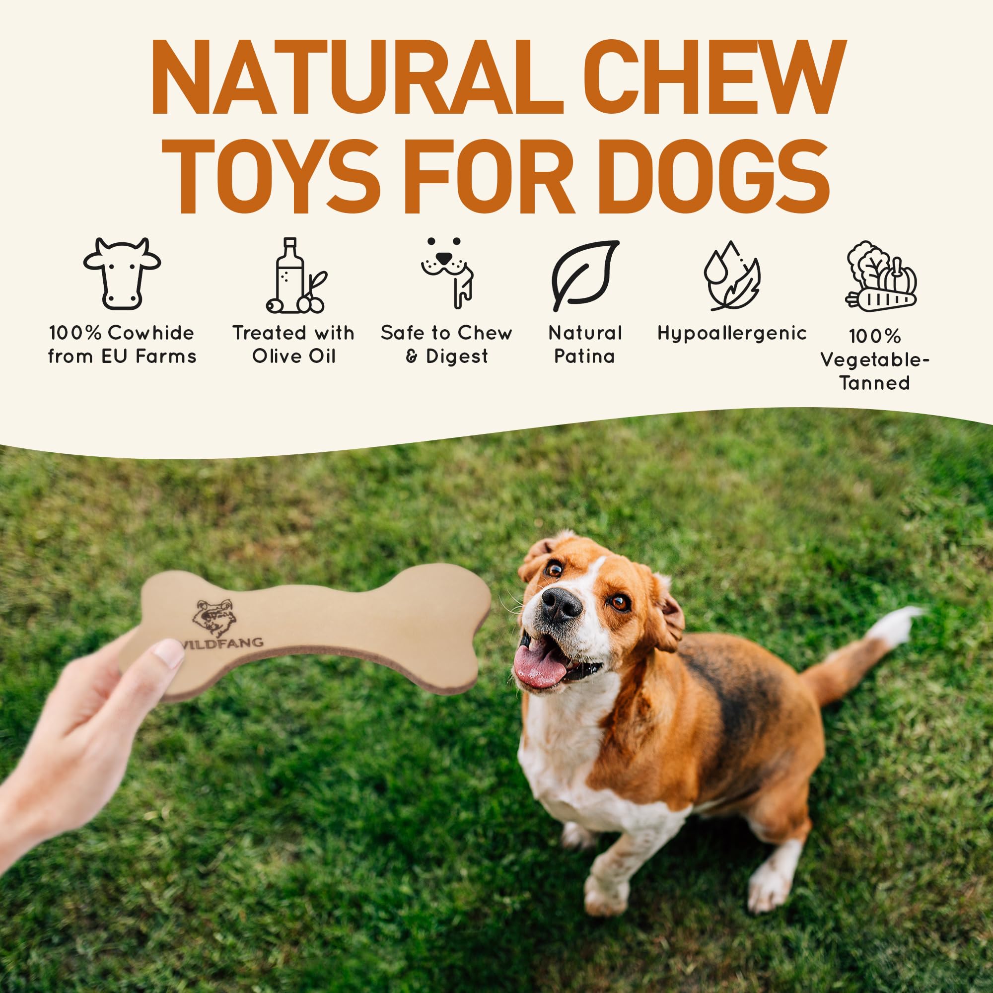 Wildfang® Leather Dog Toy, Medium – Soft Dog Chew Toys for Gentle Chewers, Puppies, Senior or Older Dogs with Sensitive Teeth – Non-Toxic, Stuffless, 5mm Leather Dog Bone for Dogs 22–33 lbs, Pack of 1